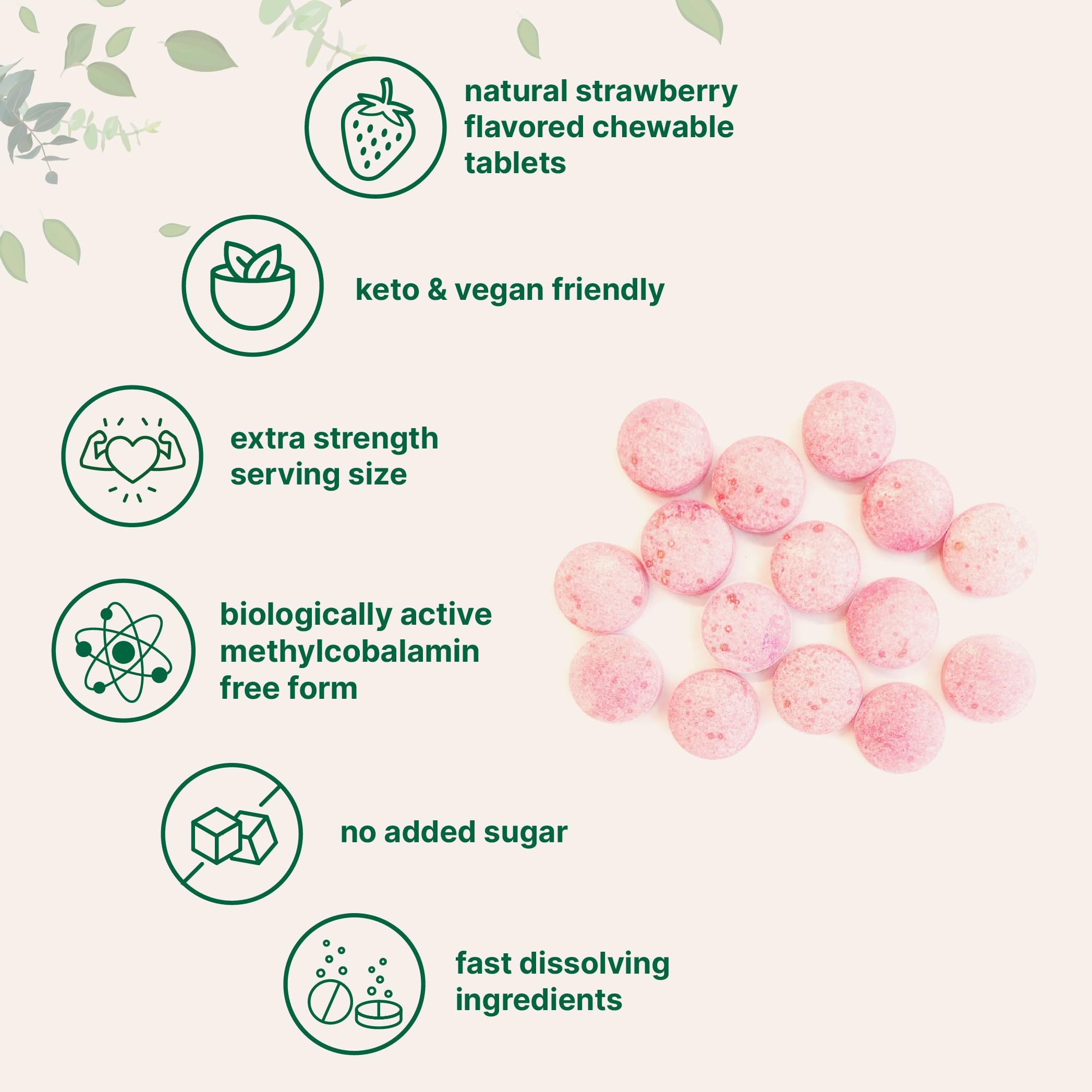 Micro Ingredients B12 tablets close-up with strawberry flavor and soft texture