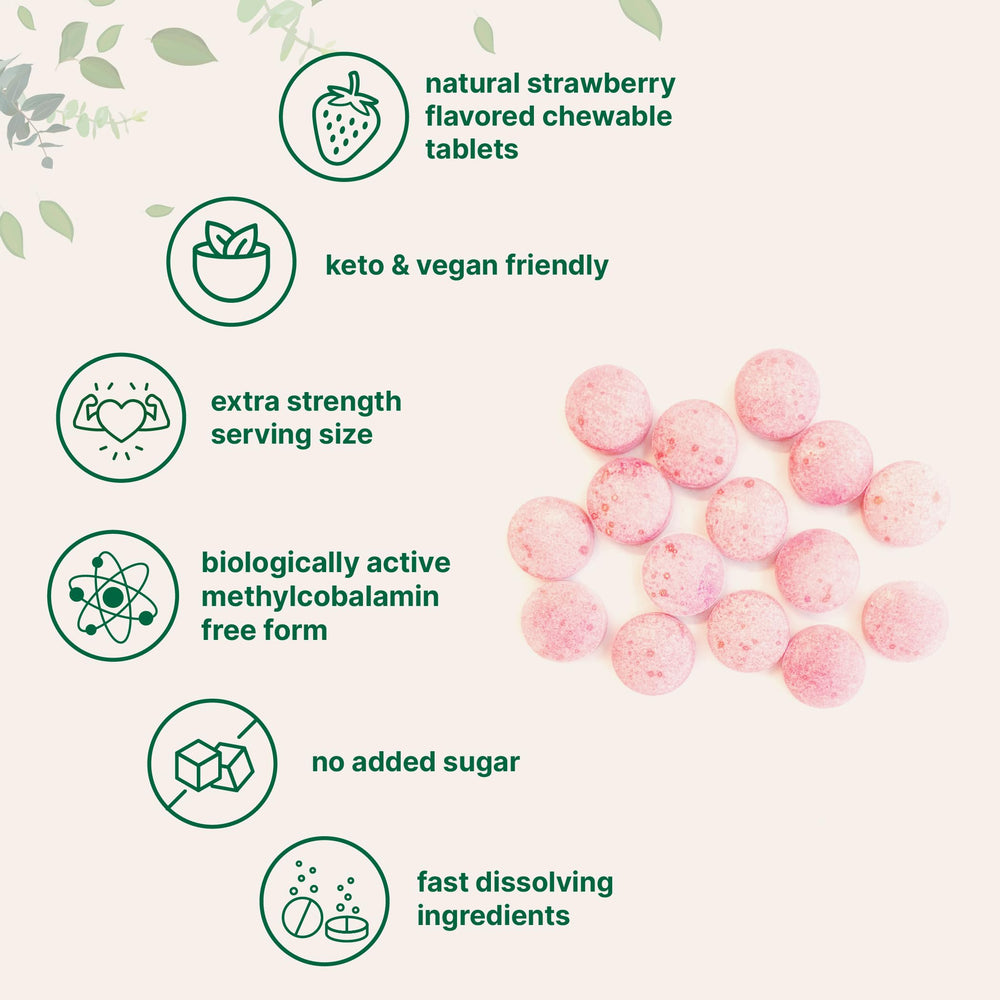 Micro Ingredients B12 tablets close-up with strawberry flavor and soft texture