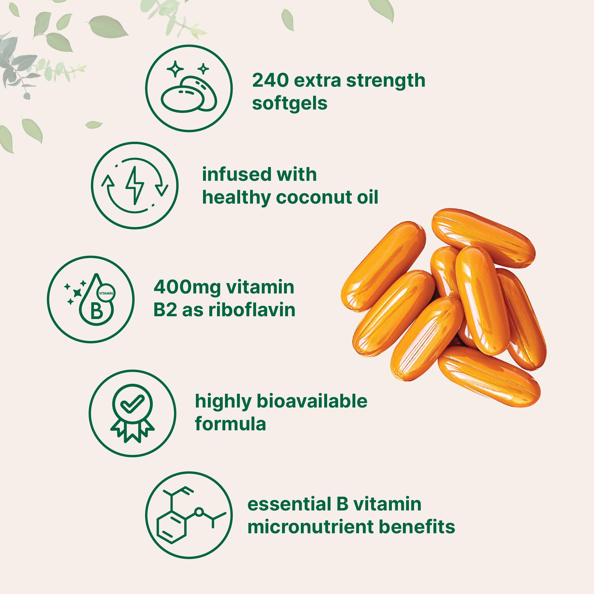 Close-up of Micro Ingredients riboflavin softgels in coconut oil formula aiding absorption.