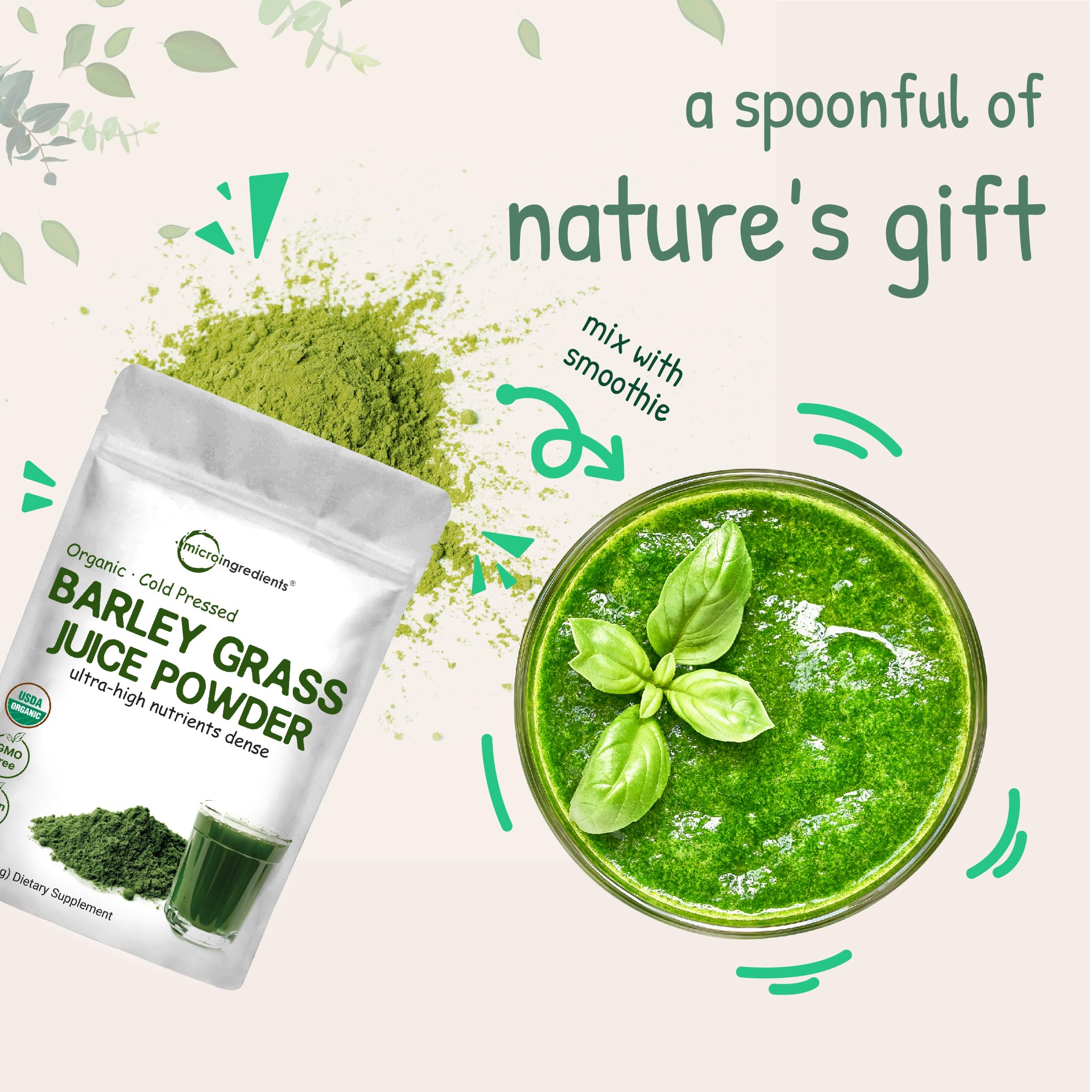 Vegan-friendly Micro Ingredients barley grass powder branding emphasizes plant-based nutrition