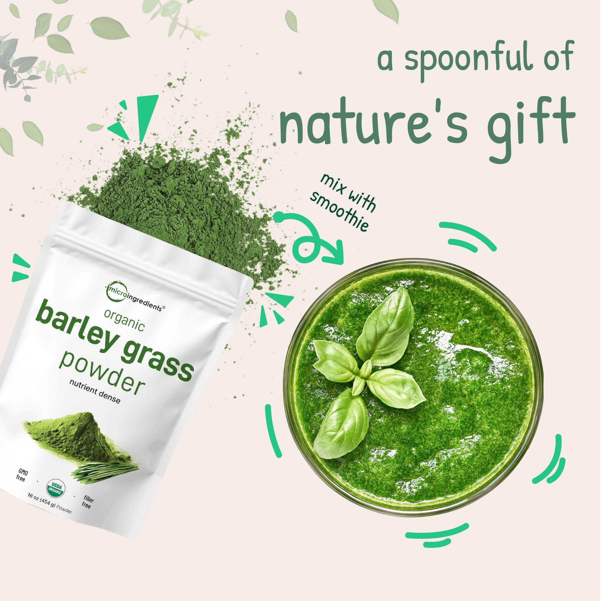 Barley grass powder in a glass with juice for a greens boost
