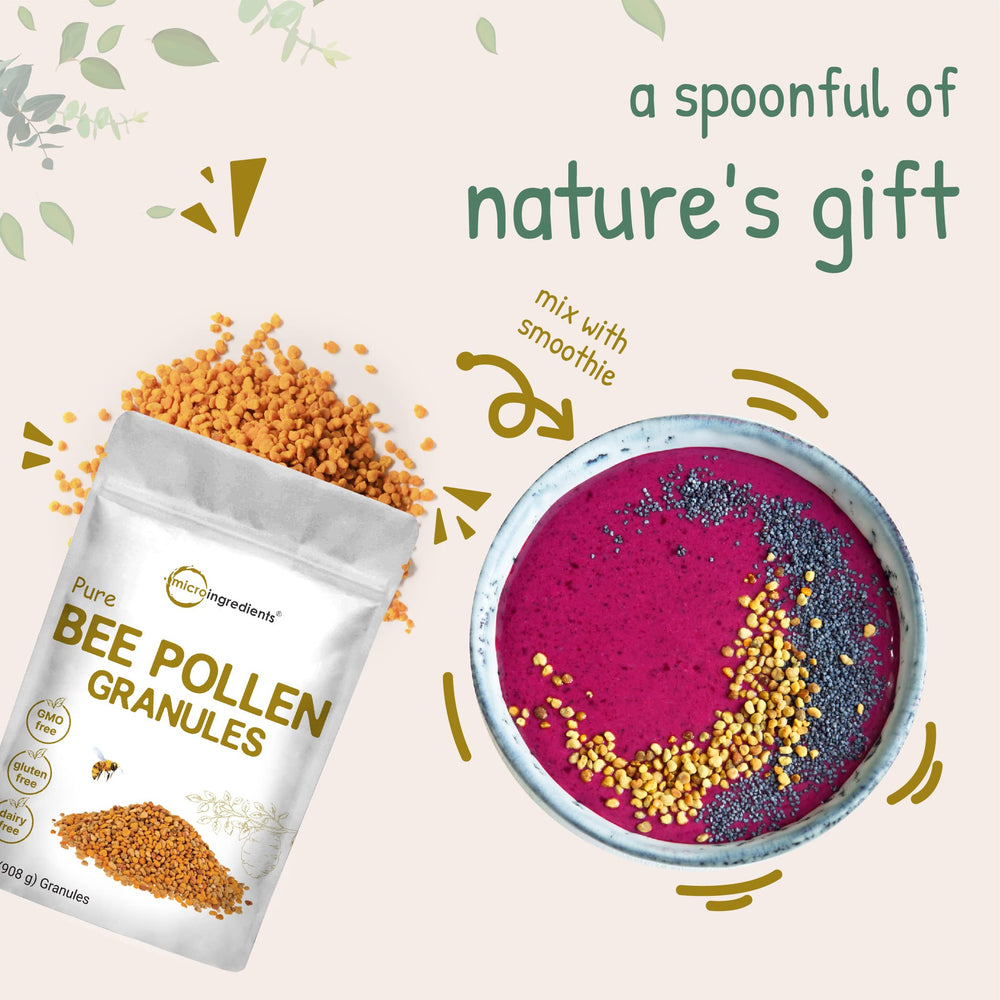 Micro Ingredients bee pollen poured into smoothie for protein and antioxidant boost.