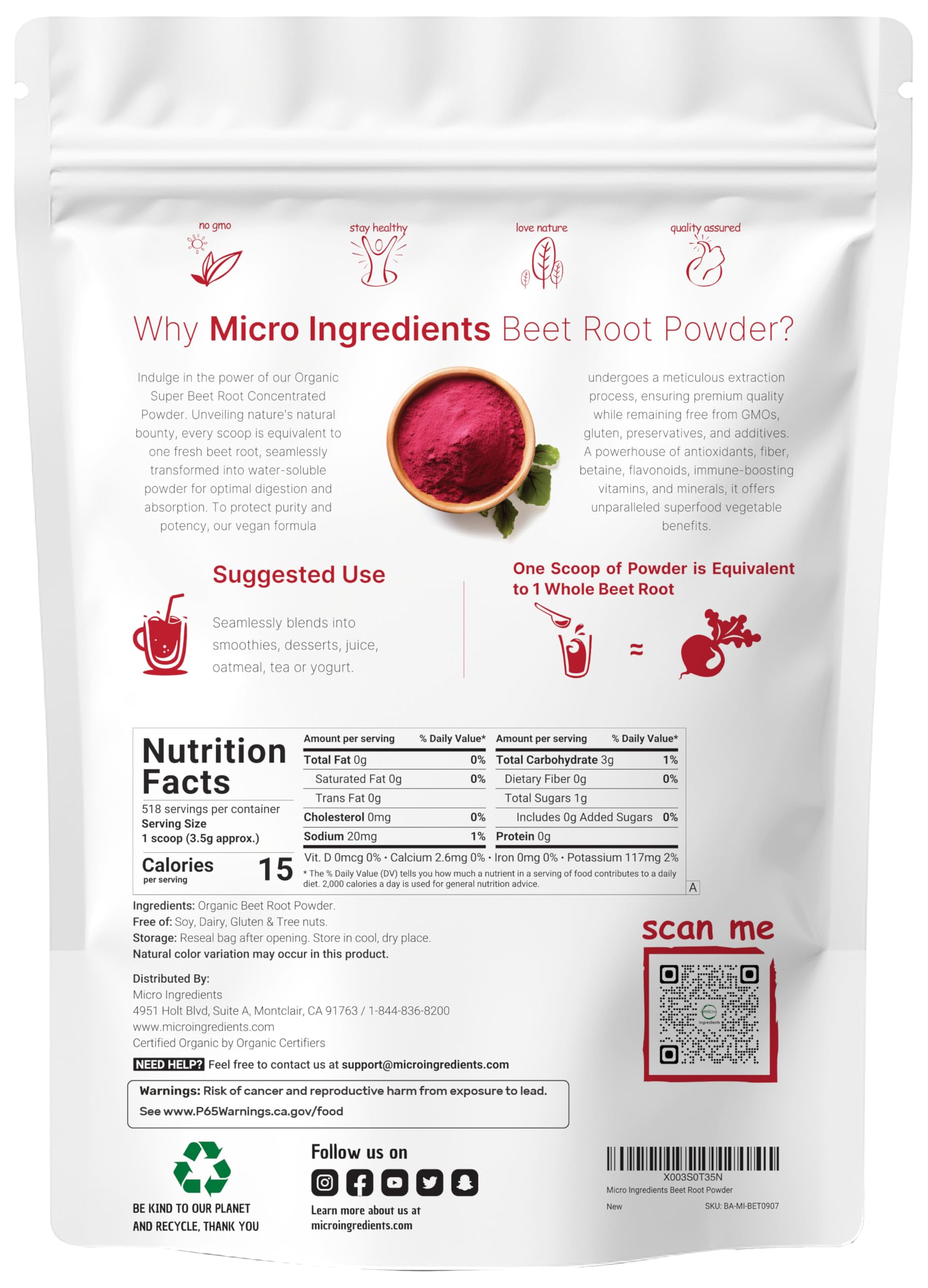 Micro Ingredients beet root powder scoop included for precise daily servings.