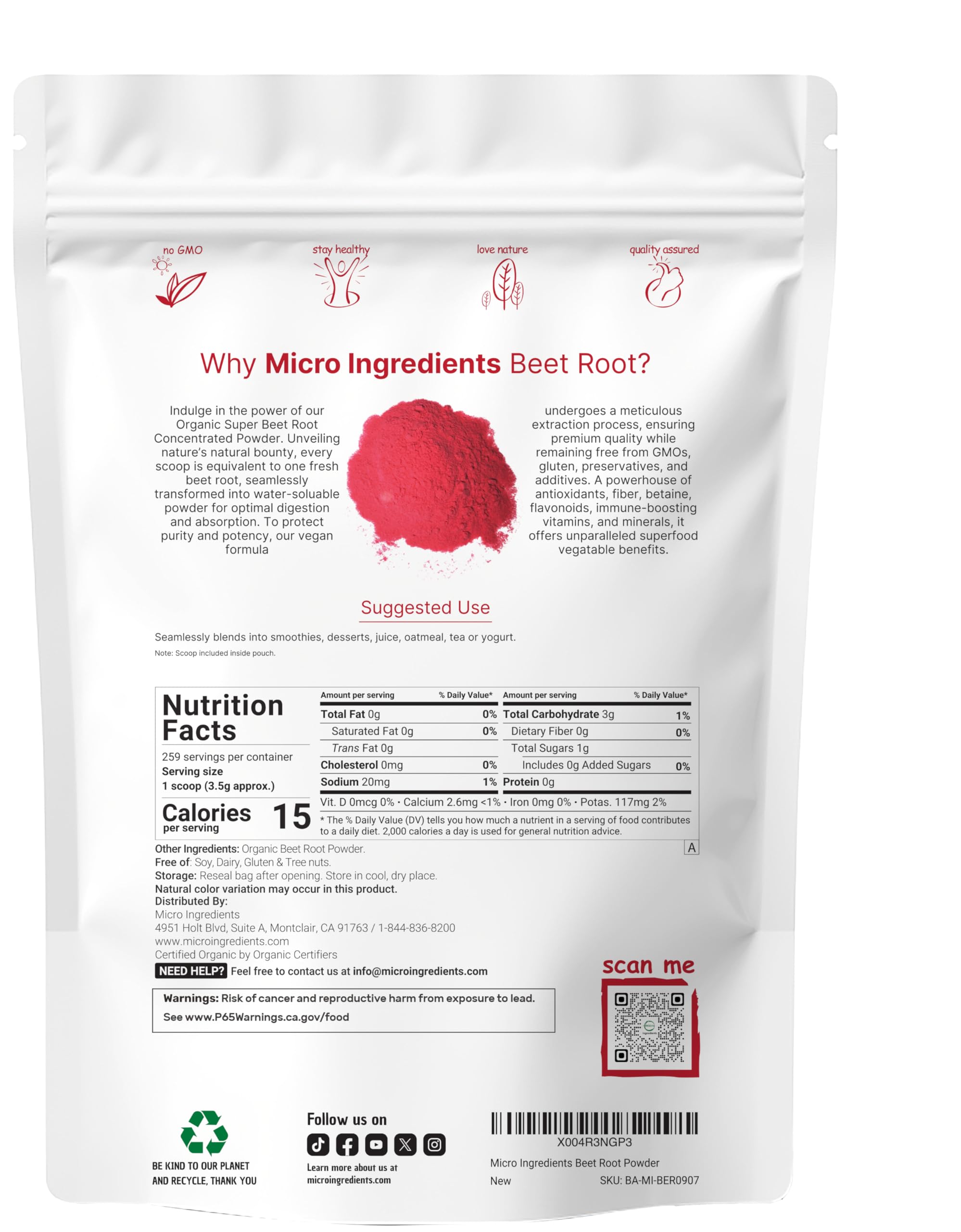 Micro Ingredients beet root powder scoop and measuring tool for easy daily dosing in shakes.