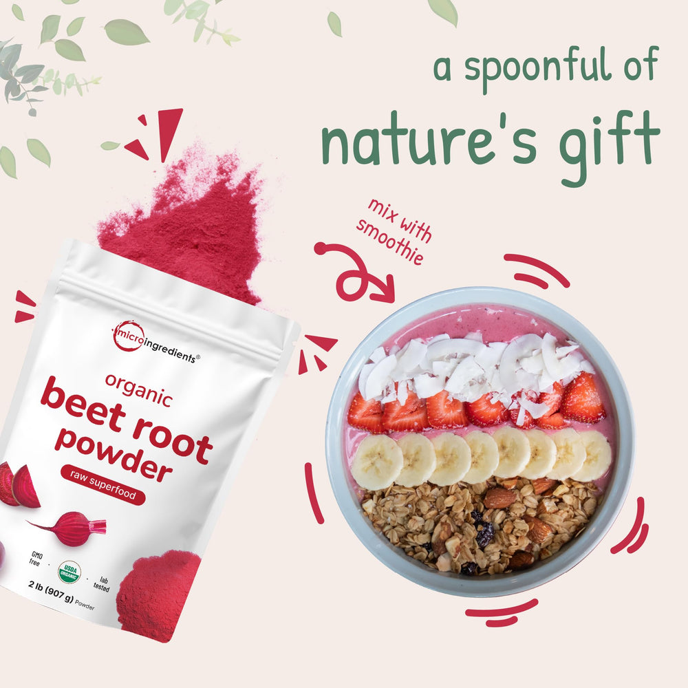 Micro Ingredients beet root powder shake cup highlighting a vibrant, nutrient-dense drink.
