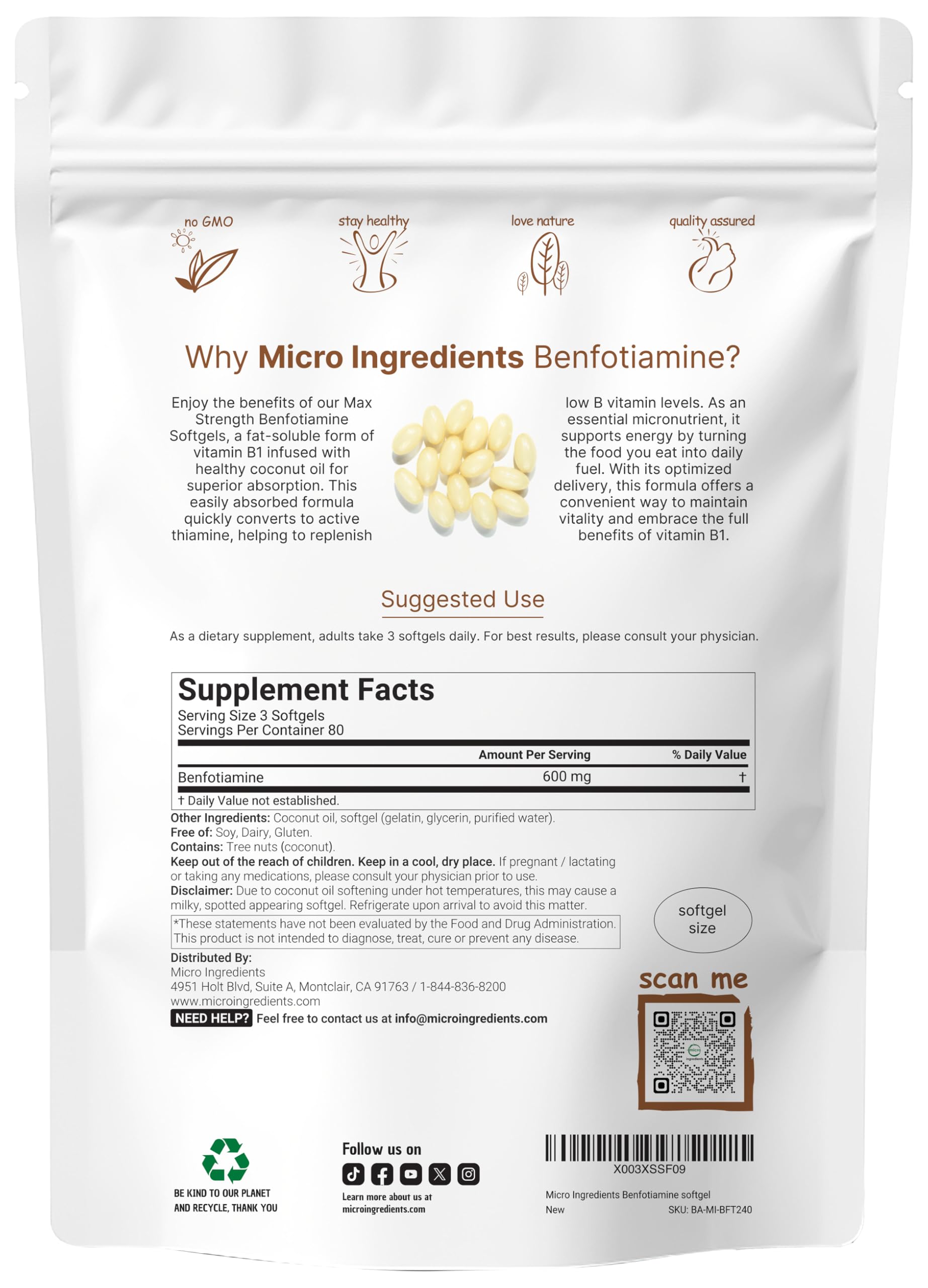 Micro Ingredients benfotiamine softgels closeup showing 600 mg per serving