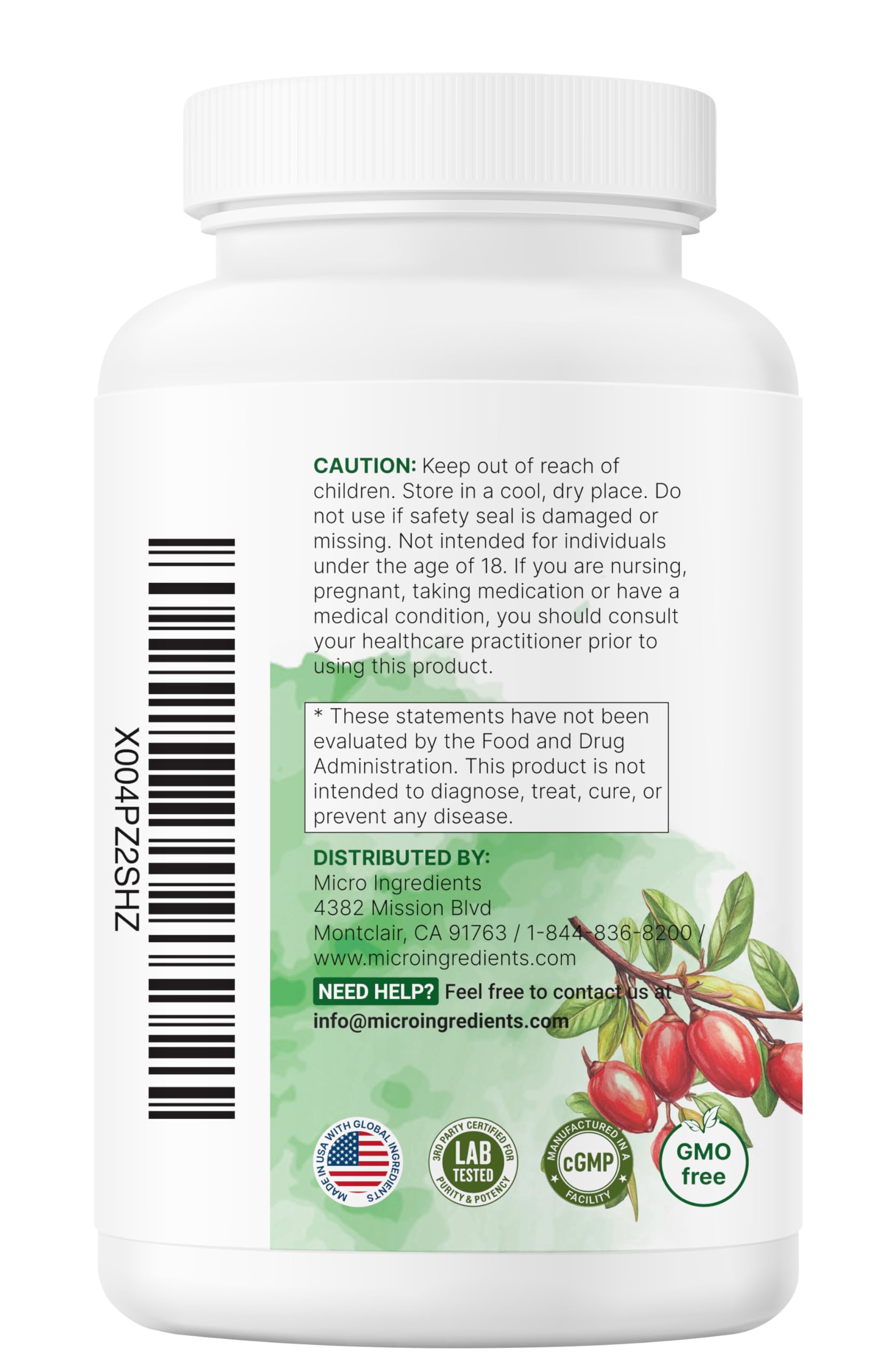 Micro Ingredients Berberine ingredients panel shows non-GMO and allergen-free formula