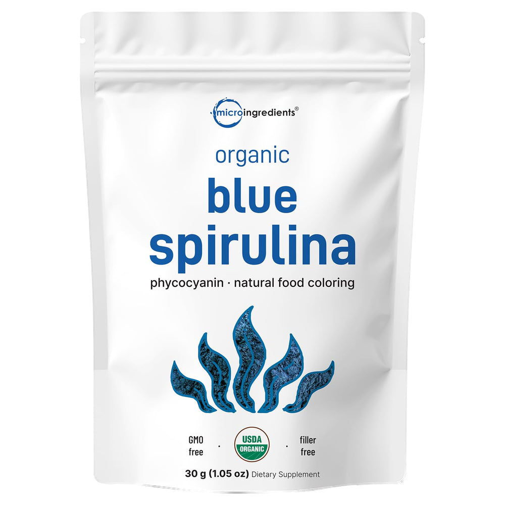 Micro Ingredients blue spirulina powder pouch showing vibrant color for smoothies