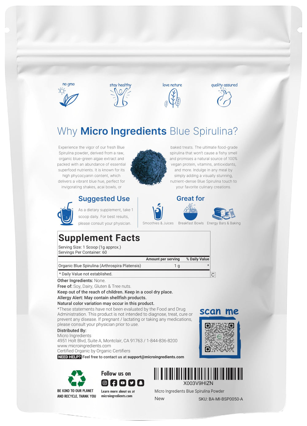 Micro Ingredients Blue Spirulina Powder scoop ready to add to bowls.