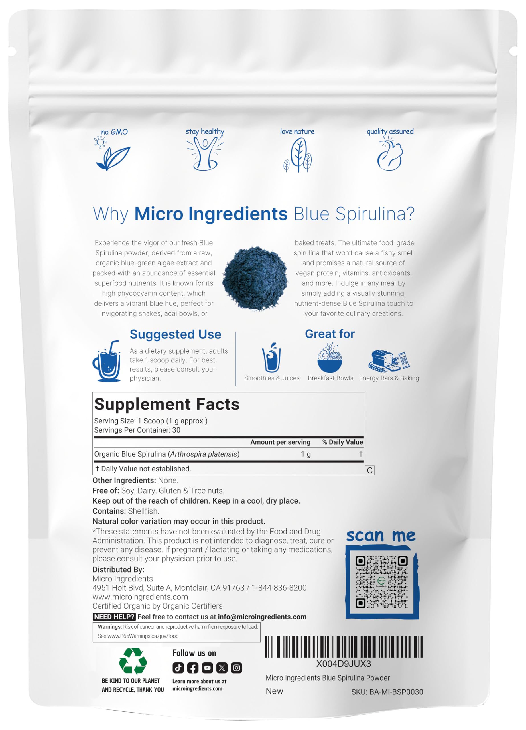Micro Ingredients blue spirulina powder stirred into a luminous shake