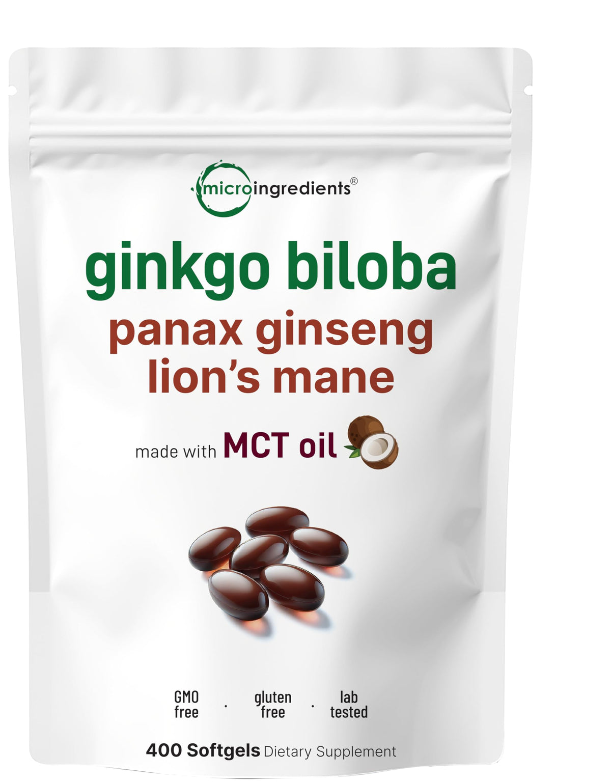 Micro Ingredients bottle front with ginkgo, ginseng, and lion's mane softgels for focus.