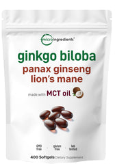 Micro Ingredients bottle front with ginkgo, ginseng, and lion's mane softgels for focus.