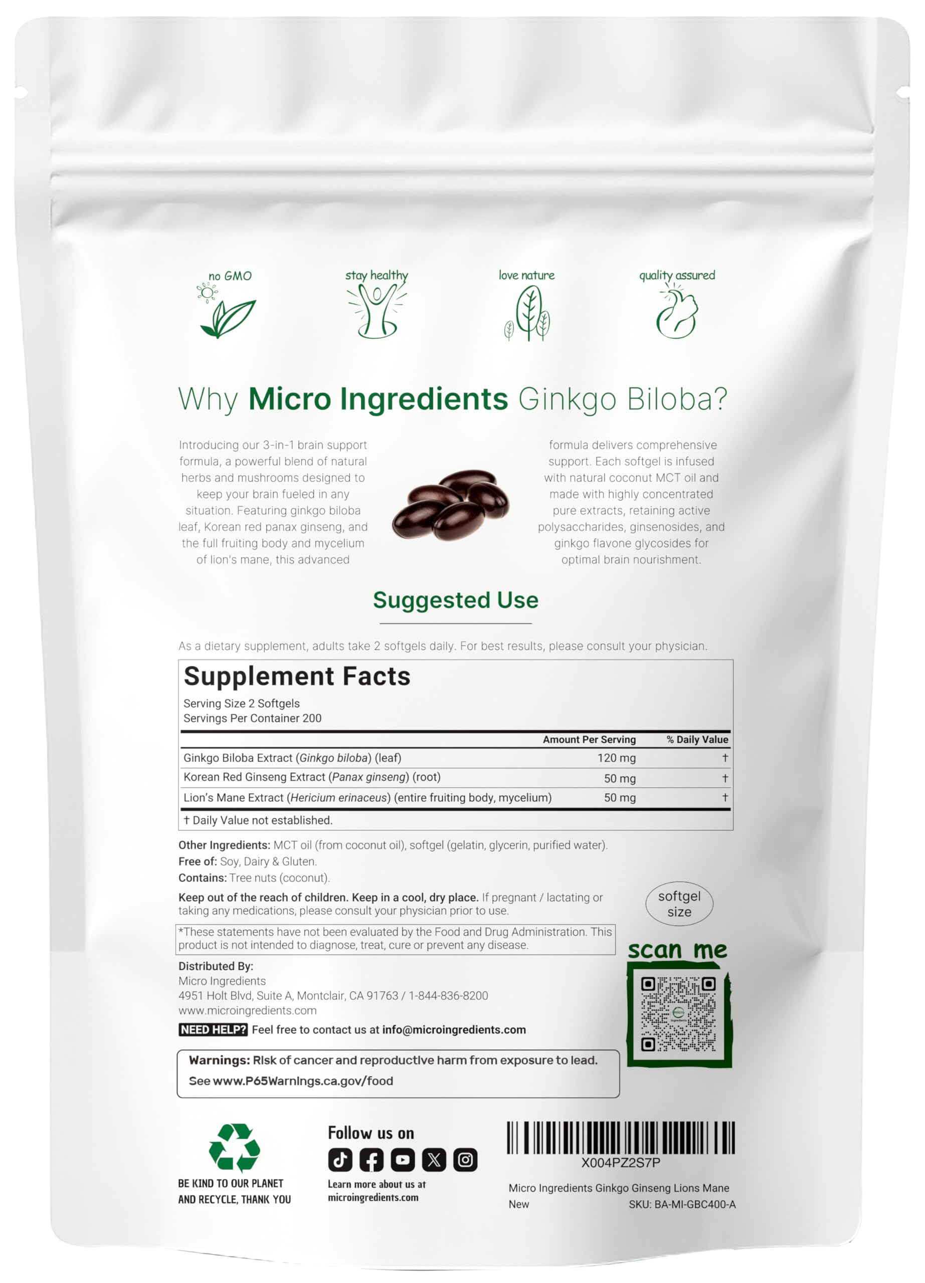 Micro Ingredients bottle label highlights ginkgo, ginseng, and lion's mane ingredients.