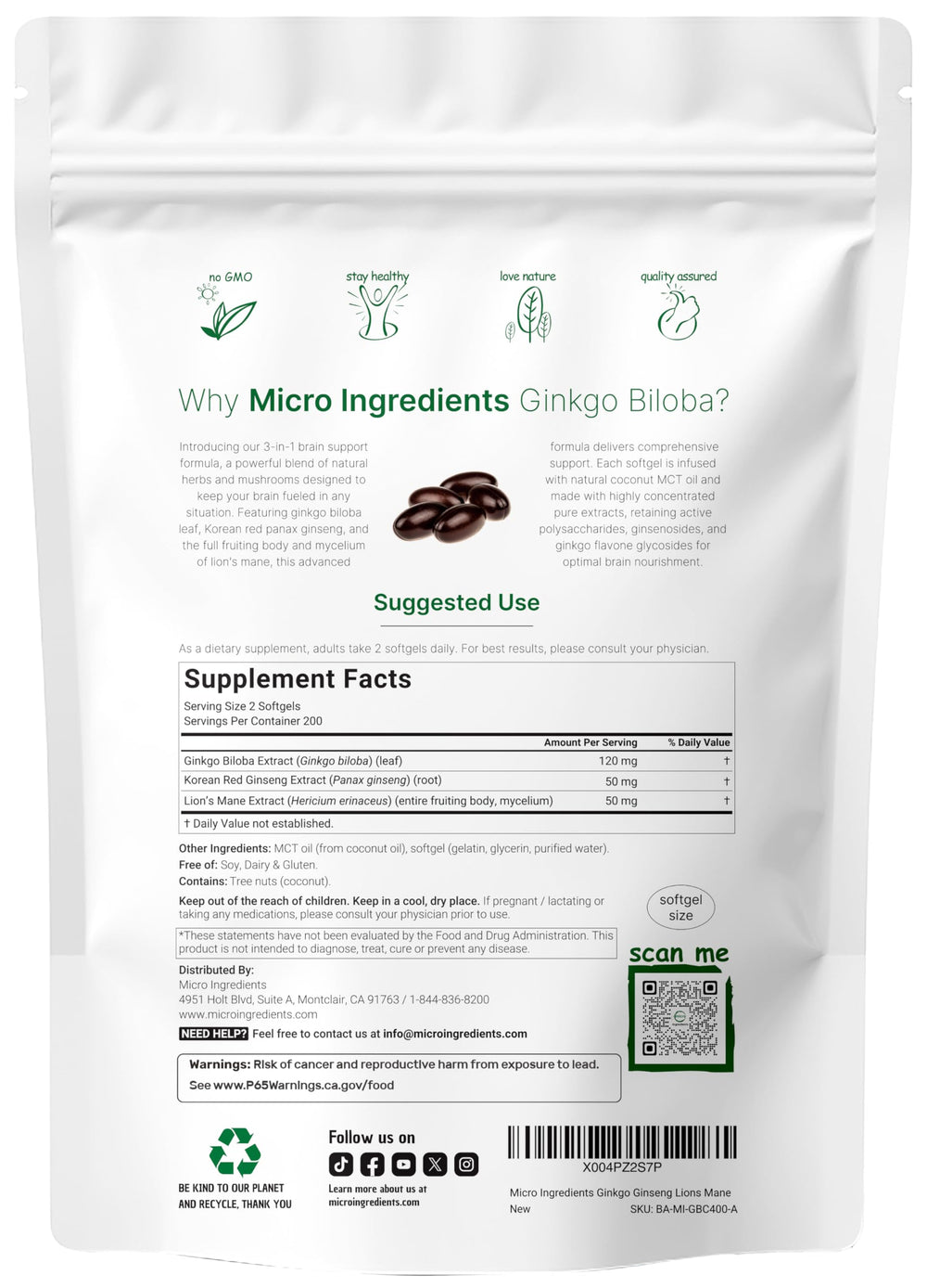Micro Ingredients bottle label highlights ginkgo, ginseng, and lion's mane ingredients.