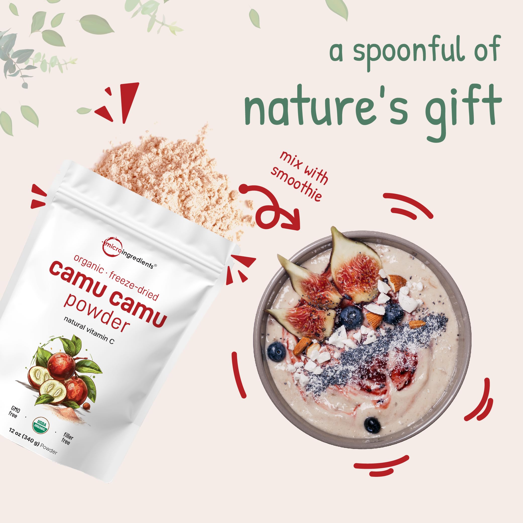 Micro Ingredients Camu Camu powder packaging shows organic and non-GMO information