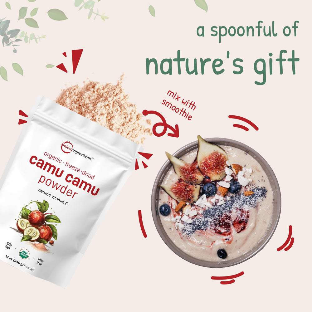 Micro Ingredients Camu Camu powder packaging shows organic and non-GMO information