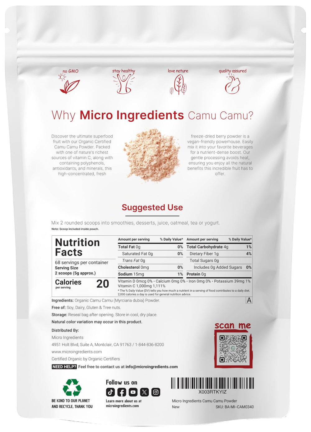 Micro Ingredients Camu Camu powder scoop close-up for easy measuring
