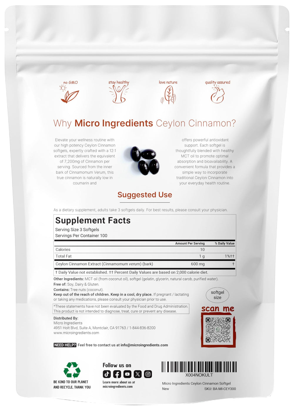 Micro Ingredients Cinnamon softgels, 300-count, ideal for daily routines
