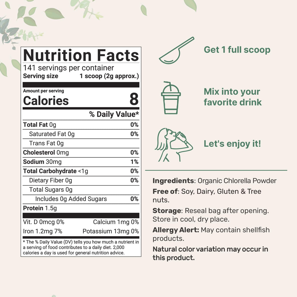 Micro Ingredients chlorella powder packaging highlighting pure additive free nutrition