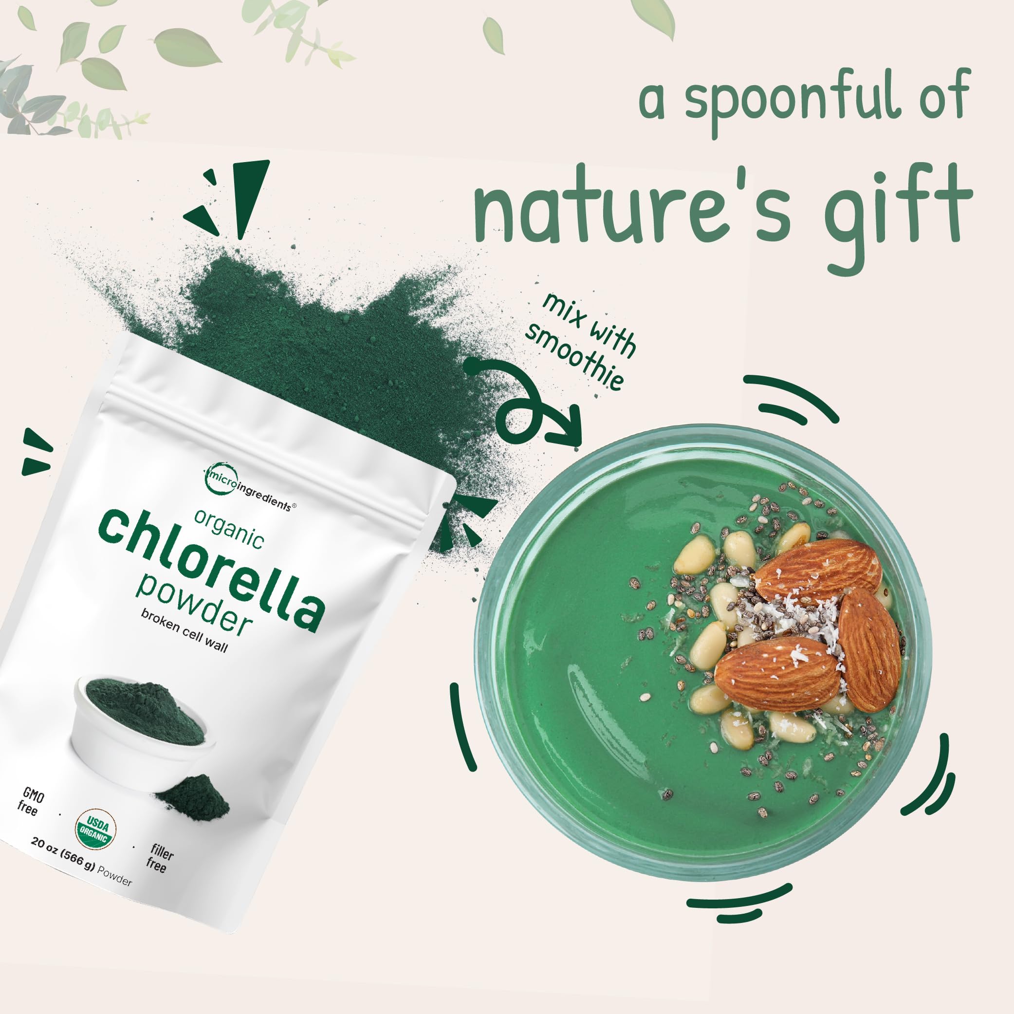 Vegan non-GMO seal on Micro Ingredients chlorella powder packaging