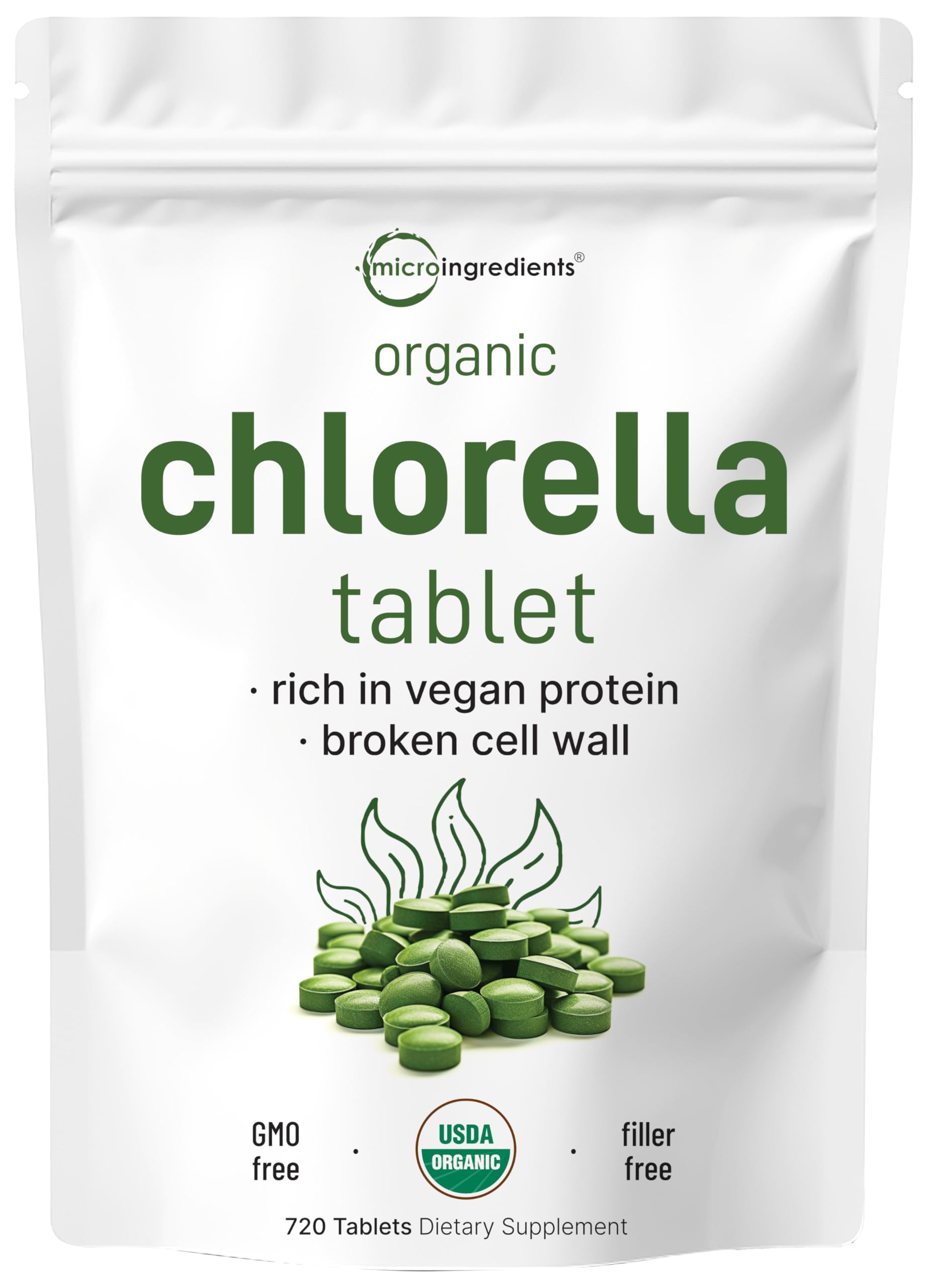 Micro Ingredients chlorella tablets front view, convenient vegan greens source for daily energy