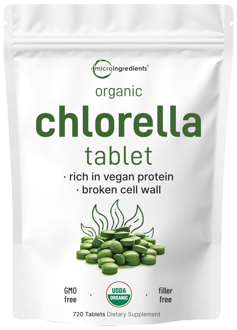 Micro Ingredients chlorella tablets front view, convenient vegan greens source for daily energy