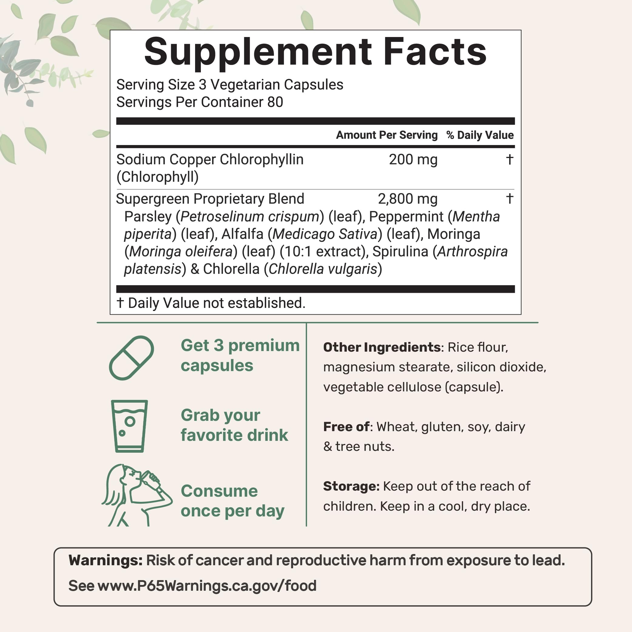 Micro Ingredients Chlorophyll Super Greens Complex capsules close-up highlighting 3,000mg per serving