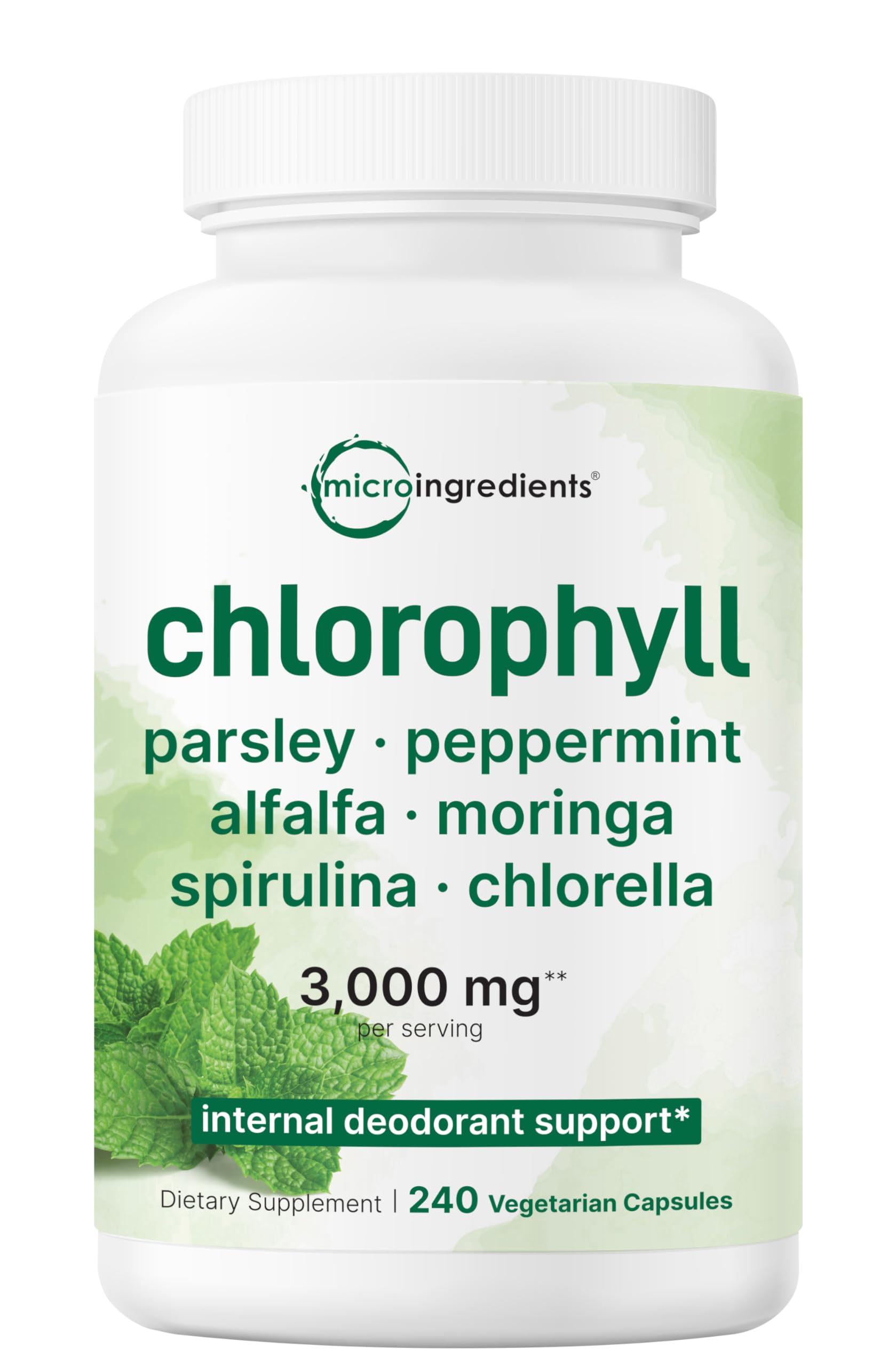 Micro Ingredients Chlorophyll Super Greens Complex bottle showing 240 veggie capsules, gluten-free
