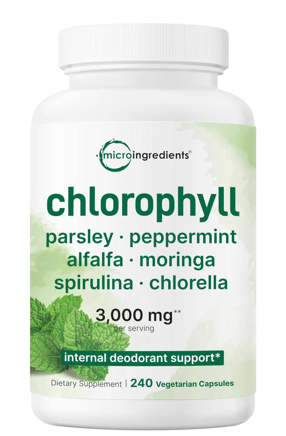 Micro Ingredients Chlorophyll Super Greens Complex bottle showing 240 veggie capsules, gluten-free