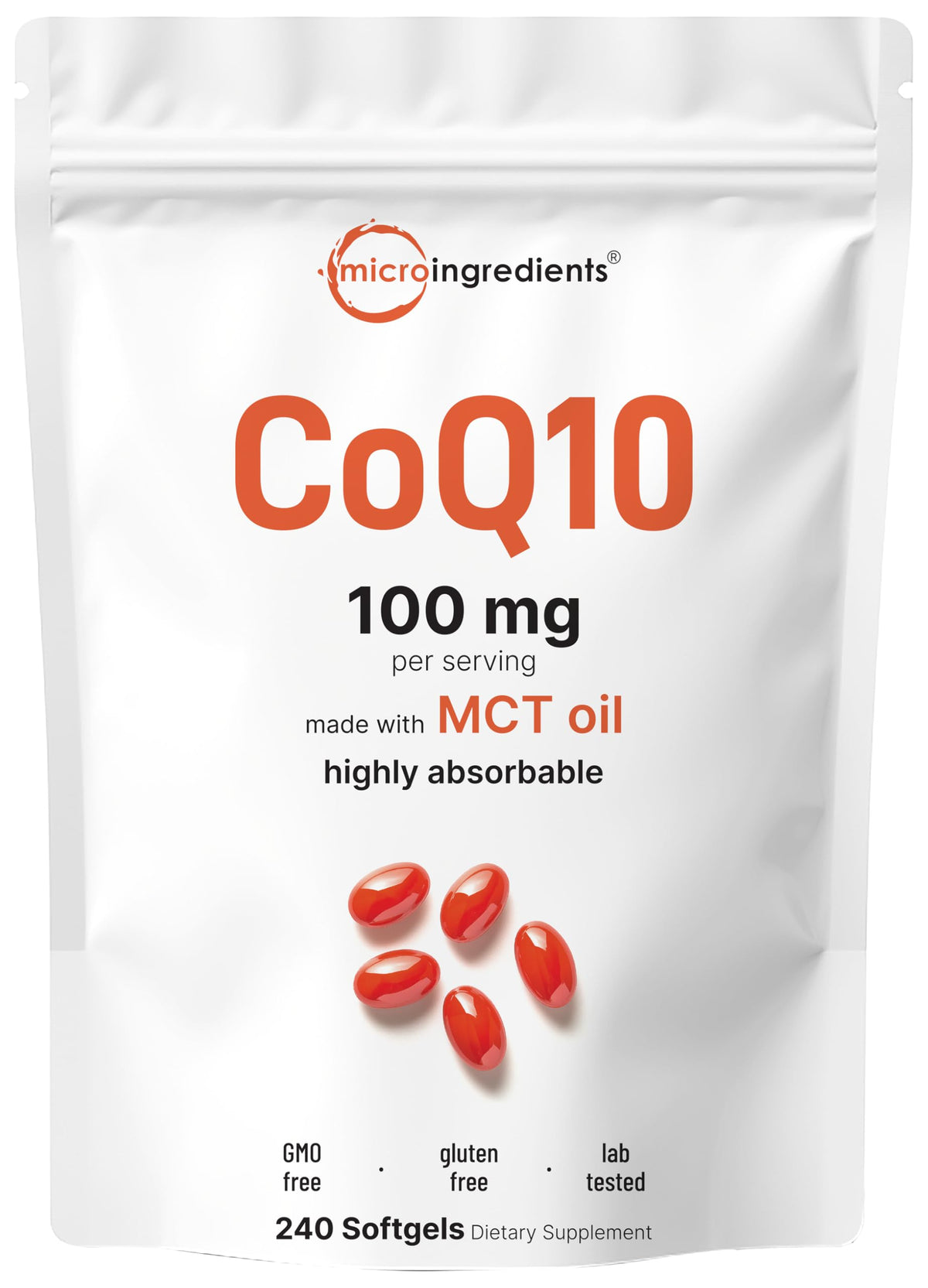 Micro Ingredients CoQ10 100mg bottle with high-absorption softgels for daily antioxidant support.