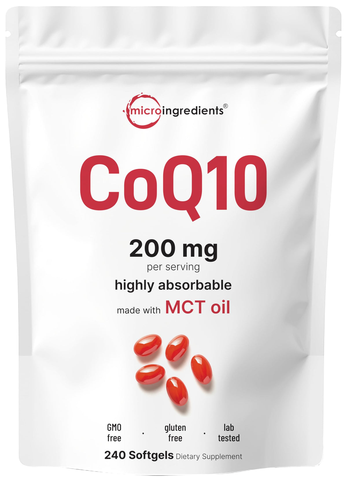 Micro Ingredients CoQ10 softgels bottle for daily antioxidant support.