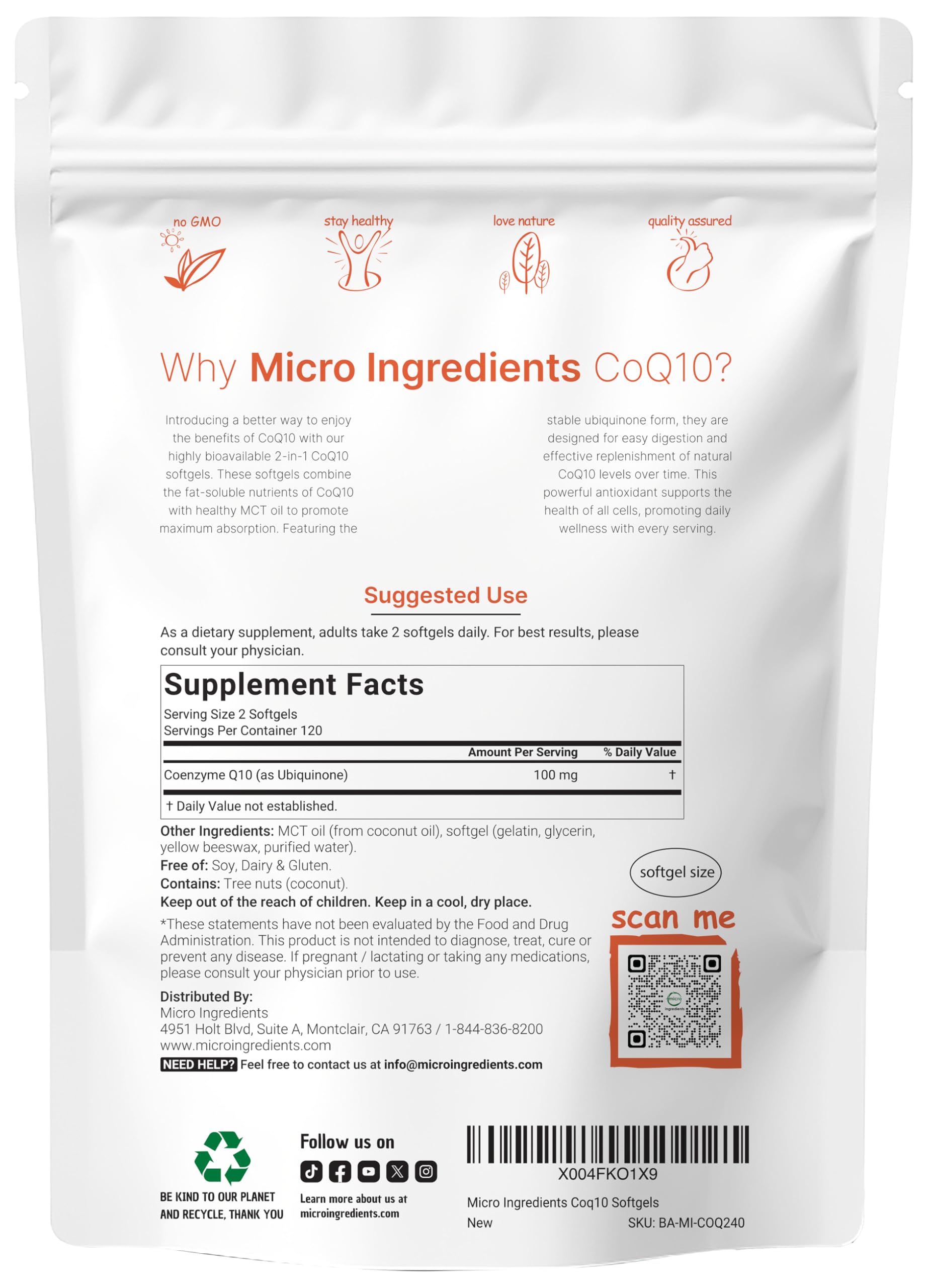 Micro Ingredients CoQ10 softgels closeup highlighting easy digestion with coconut MCT oil.