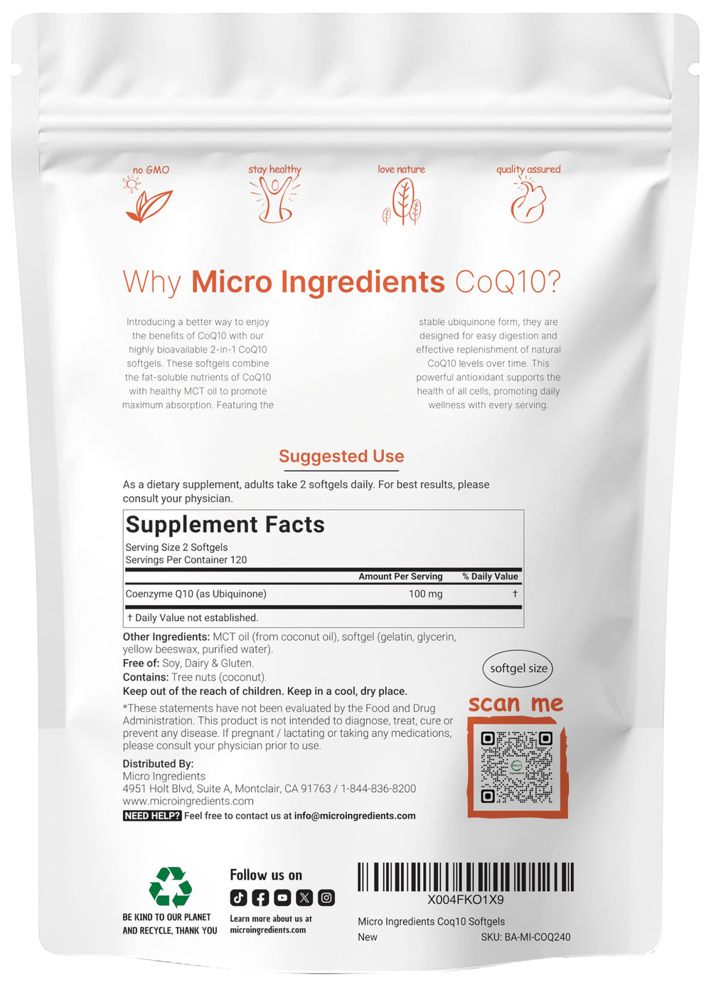 Micro Ingredients CoQ10 softgels closeup highlighting easy digestion with coconut MCT oil.