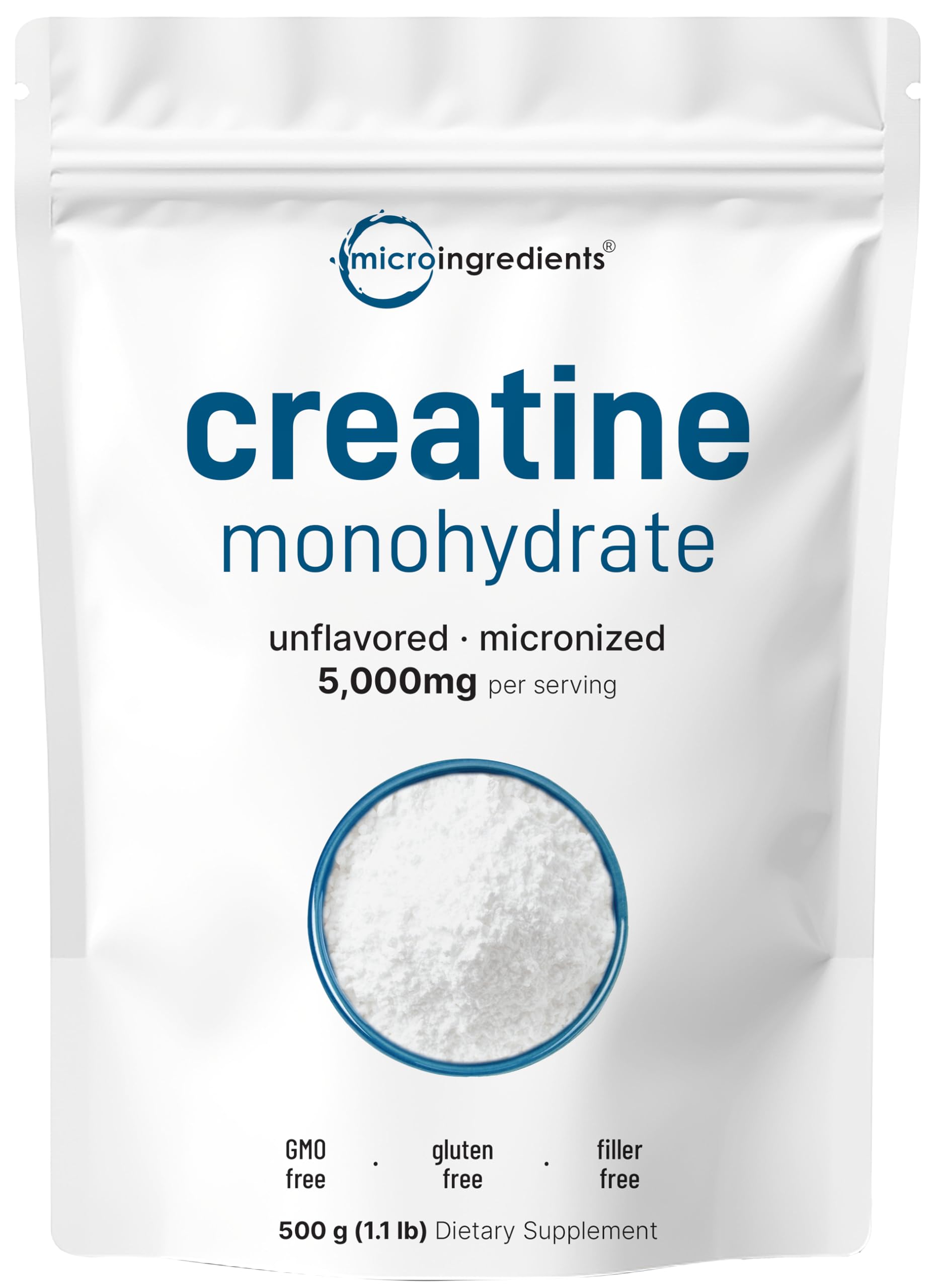 Micro Ingredients Creatine Monohydrate powder in a jar for easy dosing and quick dissolve.