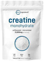 Micro Ingredients Creatine Monohydrate powder in a jar for easy dosing and quick dissolve.