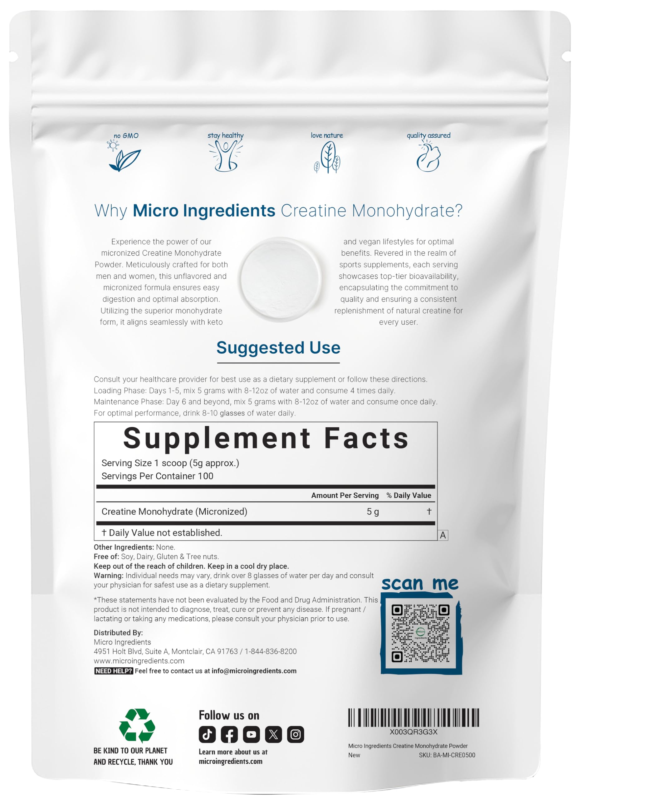 Micro Ingredients Creatine Monohydrate scoop shows a precise 5g serving for workouts.