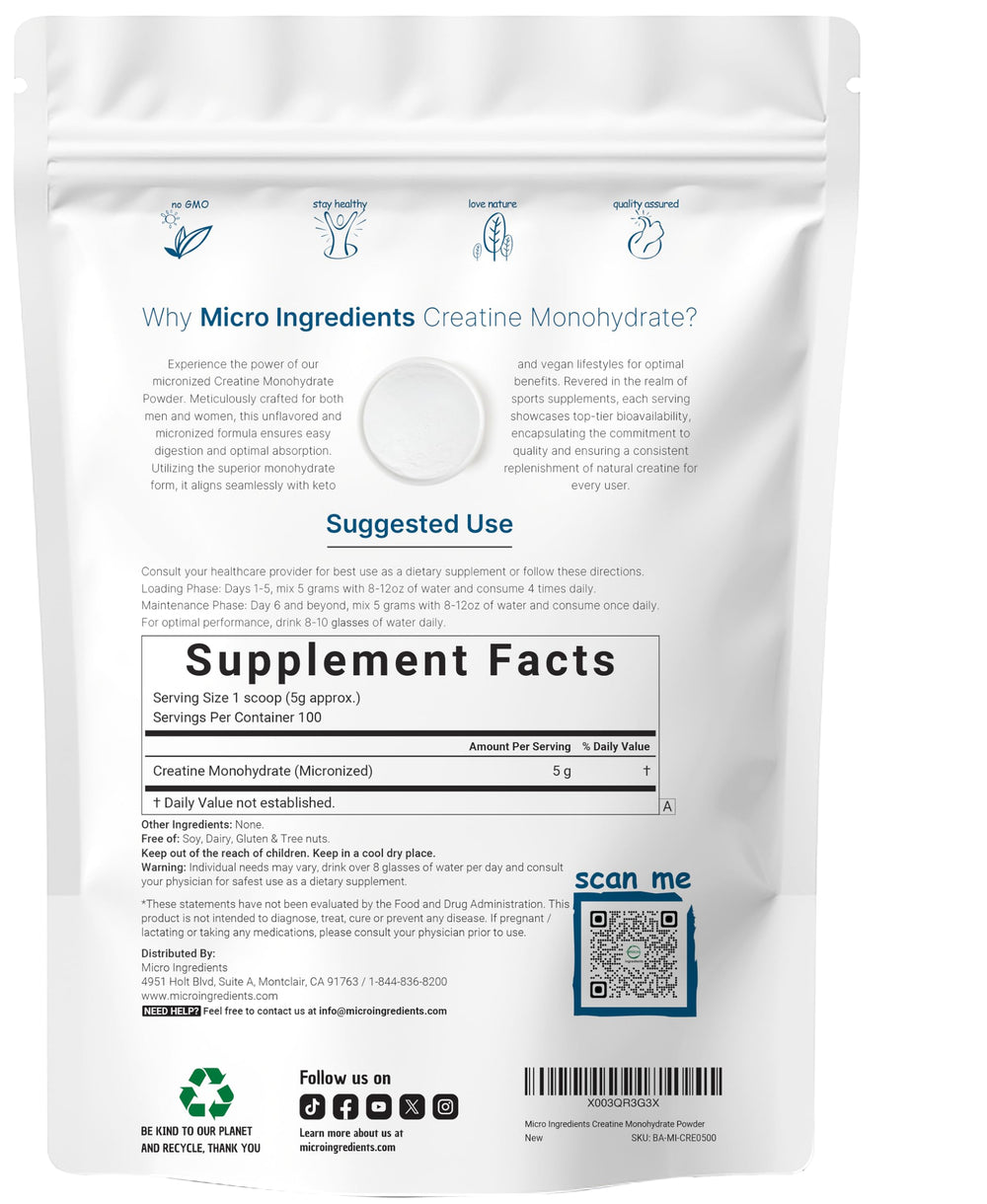 Micro Ingredients Creatine Monohydrate scoop shows a precise 5g serving for workouts.
