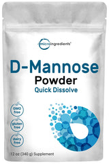 Micro Ingredients D Mannose Powder packaging shows vegan, non-GMO formula for urinary tract support