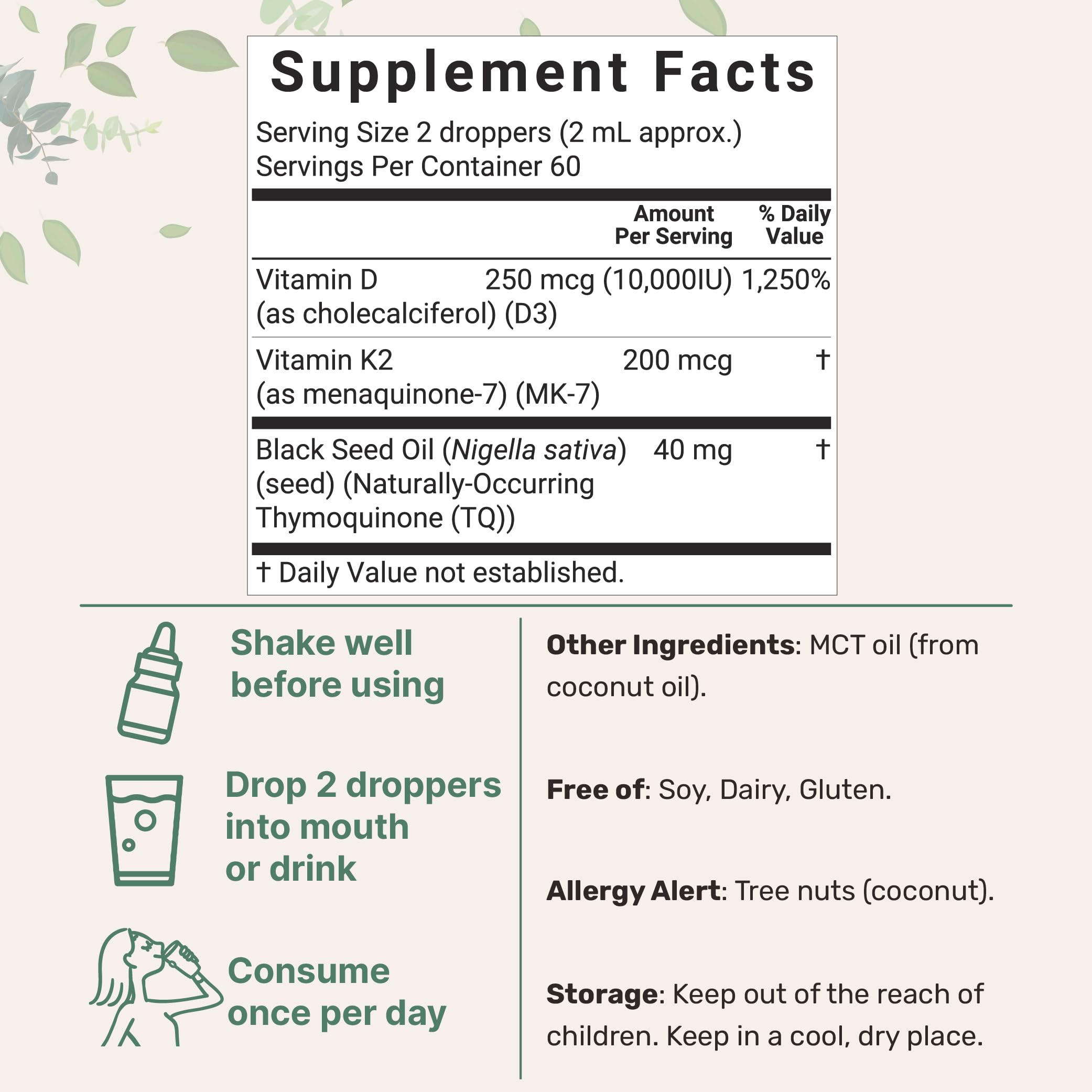 Serving-dose visualization highlighting 10,000 IU D3 and 200 mcg K2 blend