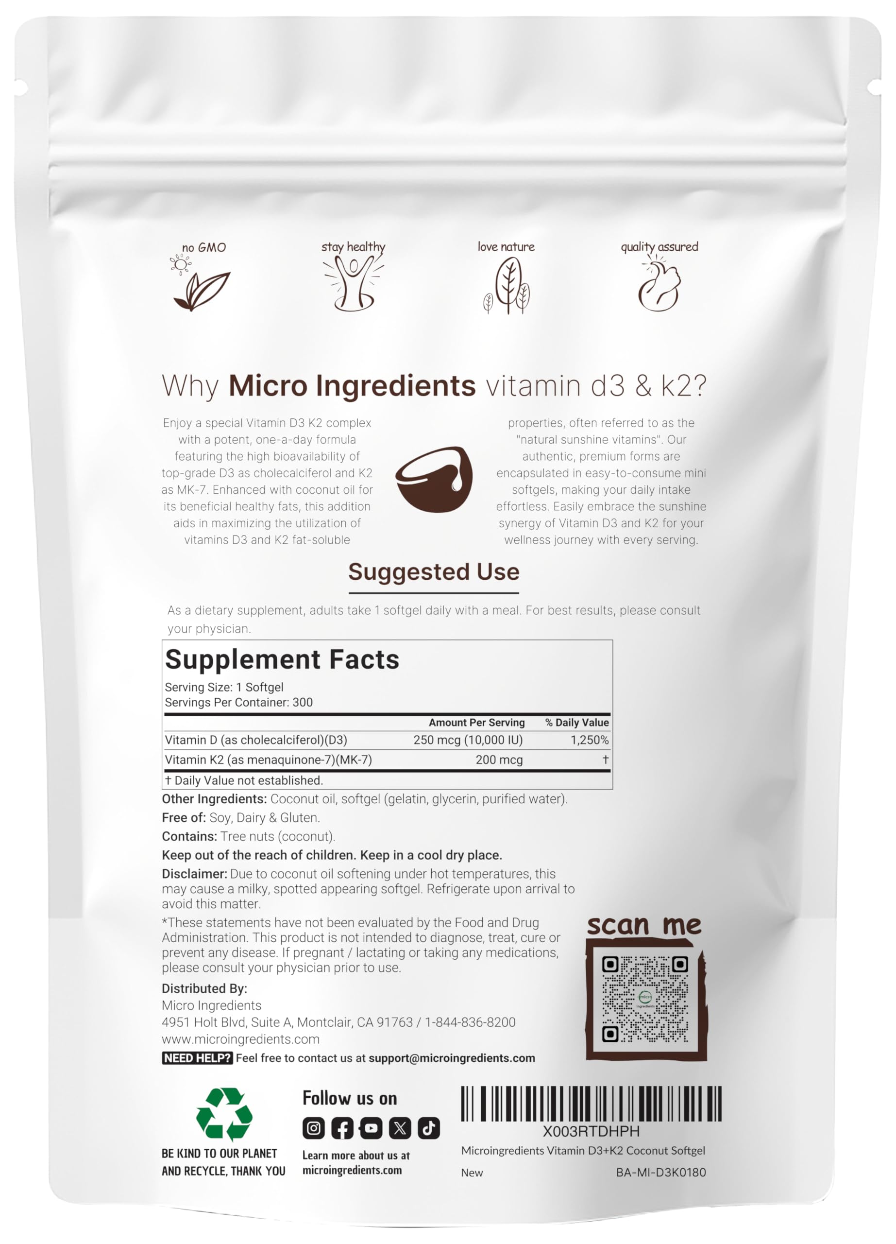 Micro Ingredients packaging front shows 300 softgels per pouch.