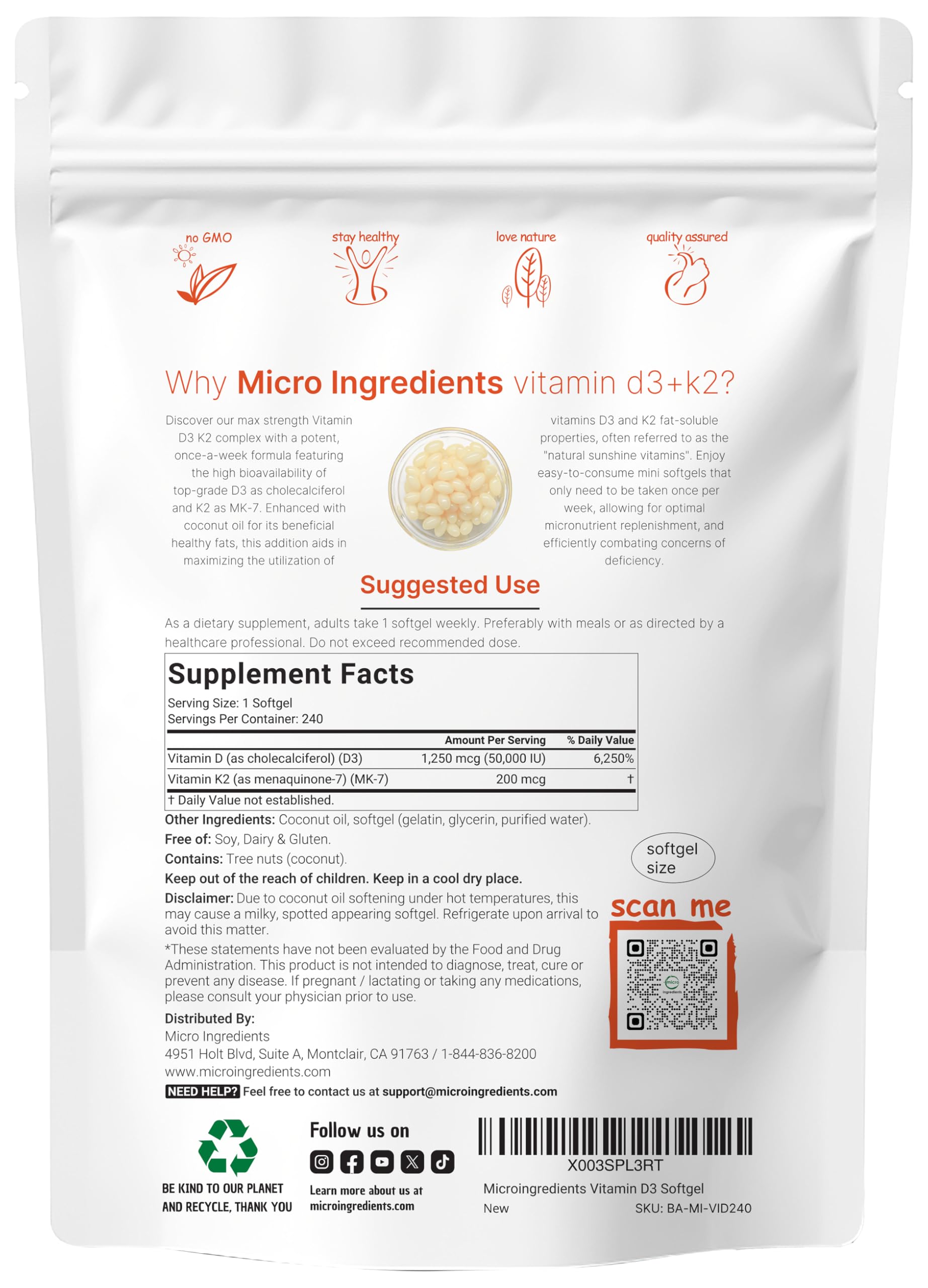 Closeup of Micro Ingredients D3 and K2 softgels highlighting coconut oil matrix.