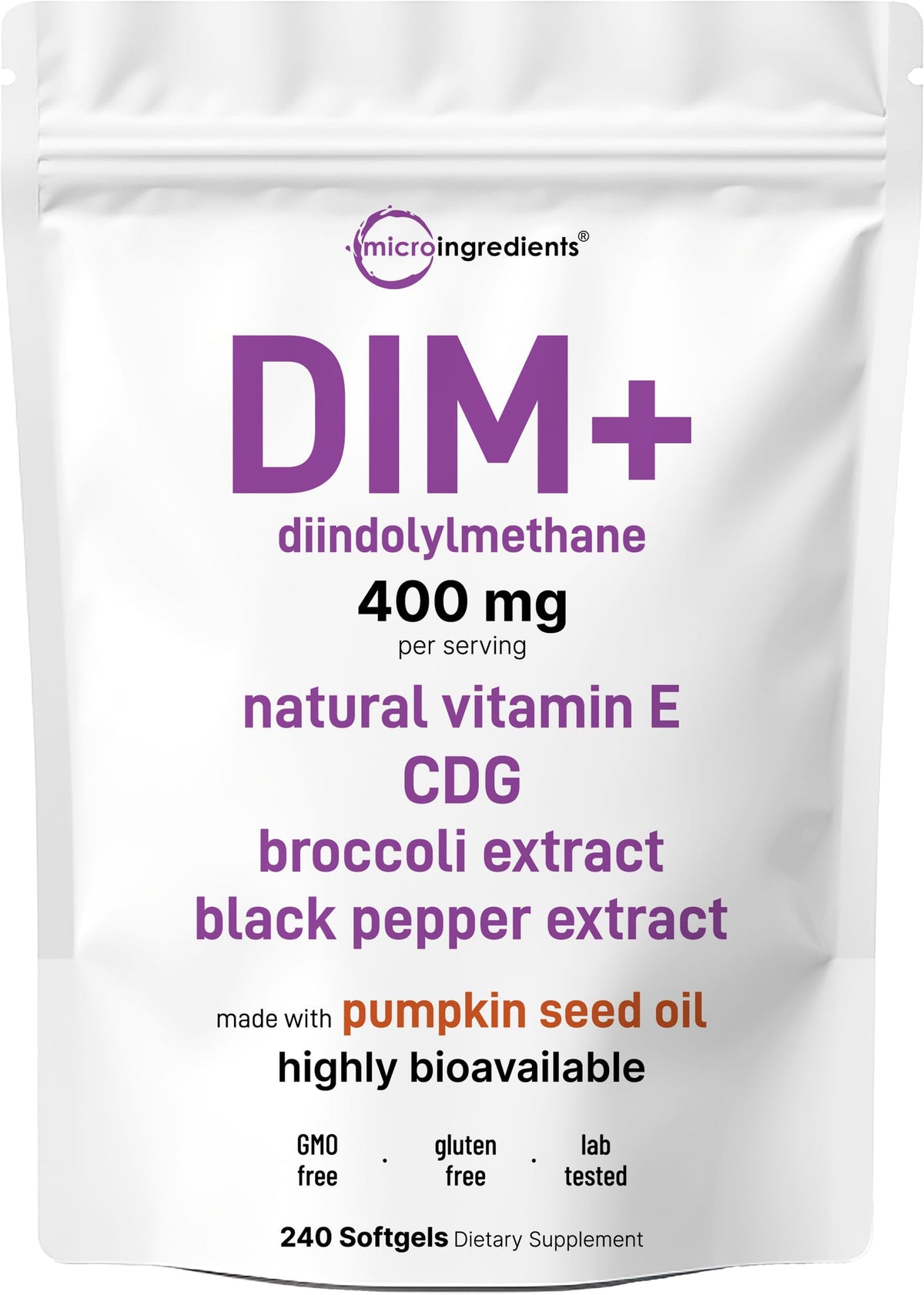 Micro Ingredients DIM+ bottle with capsules, convenient daily supplement for wellness