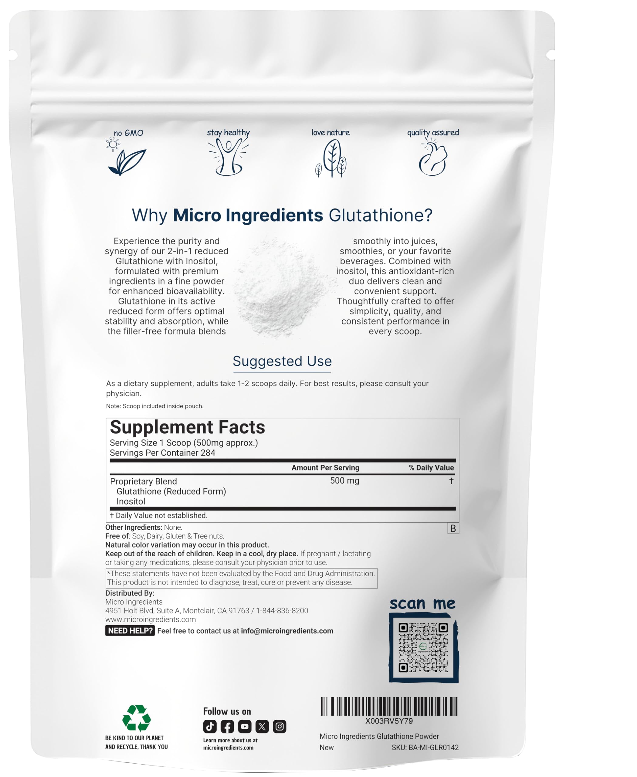 Micro Ingredients Glutathione with Inositol scoop included for precise daily dosage