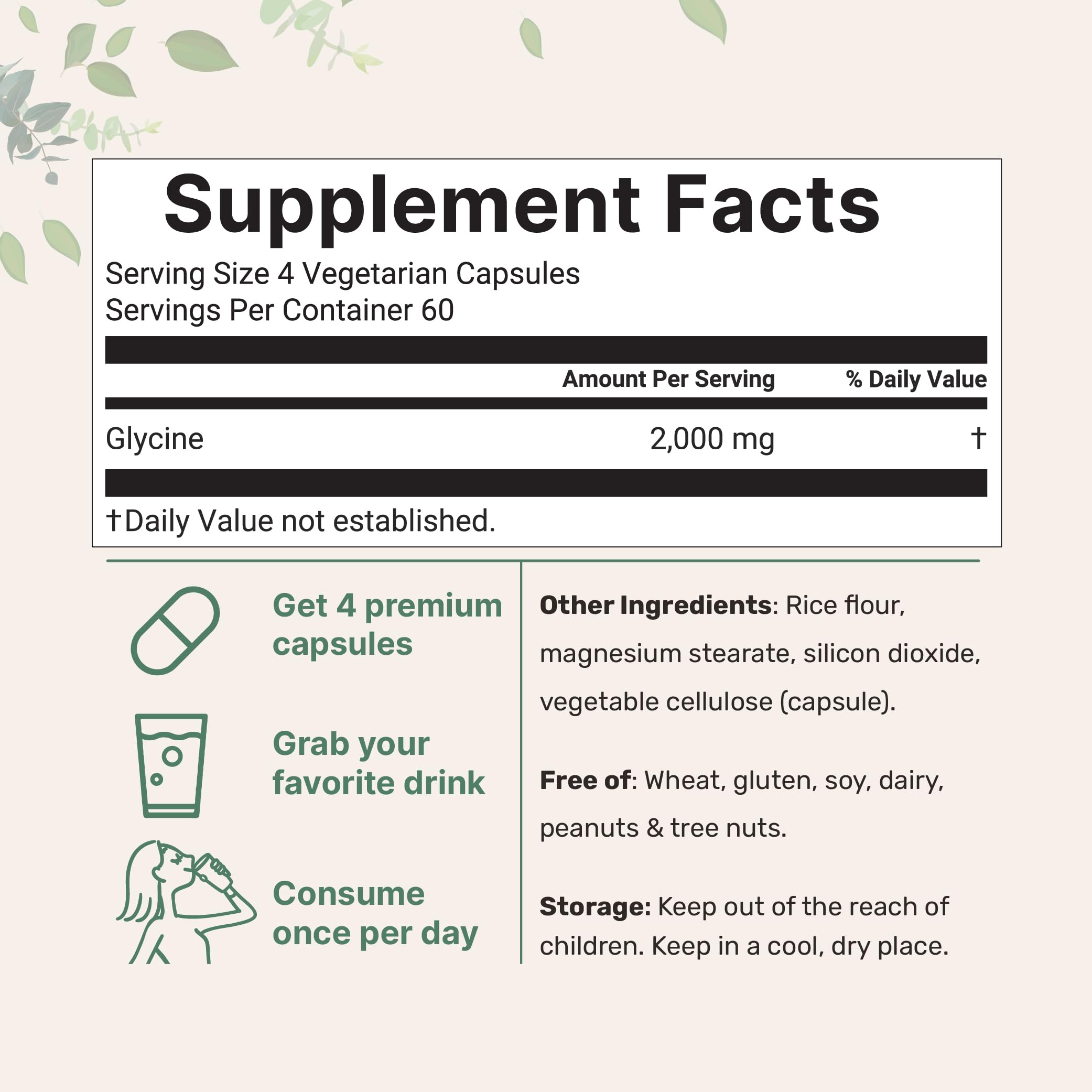 Micro Ingredients Glycine veggie capsules on white background for easy absorption