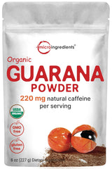 Micro Ingredients Organic Guarana Powder bag showing premium Brazilian caffeine source for focus.