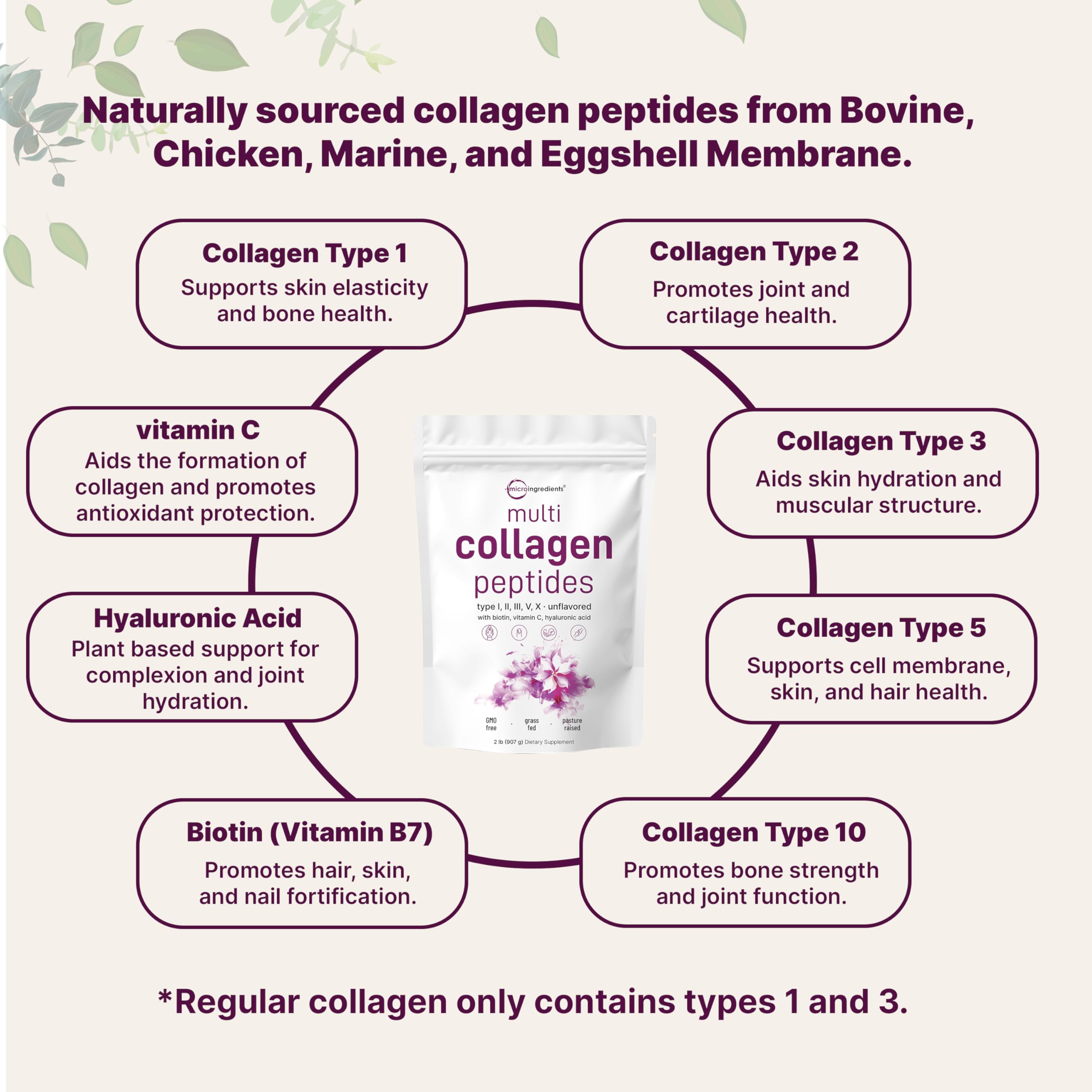Micro Ingredients label highlighting hyaluronic acid for daily hydration support.