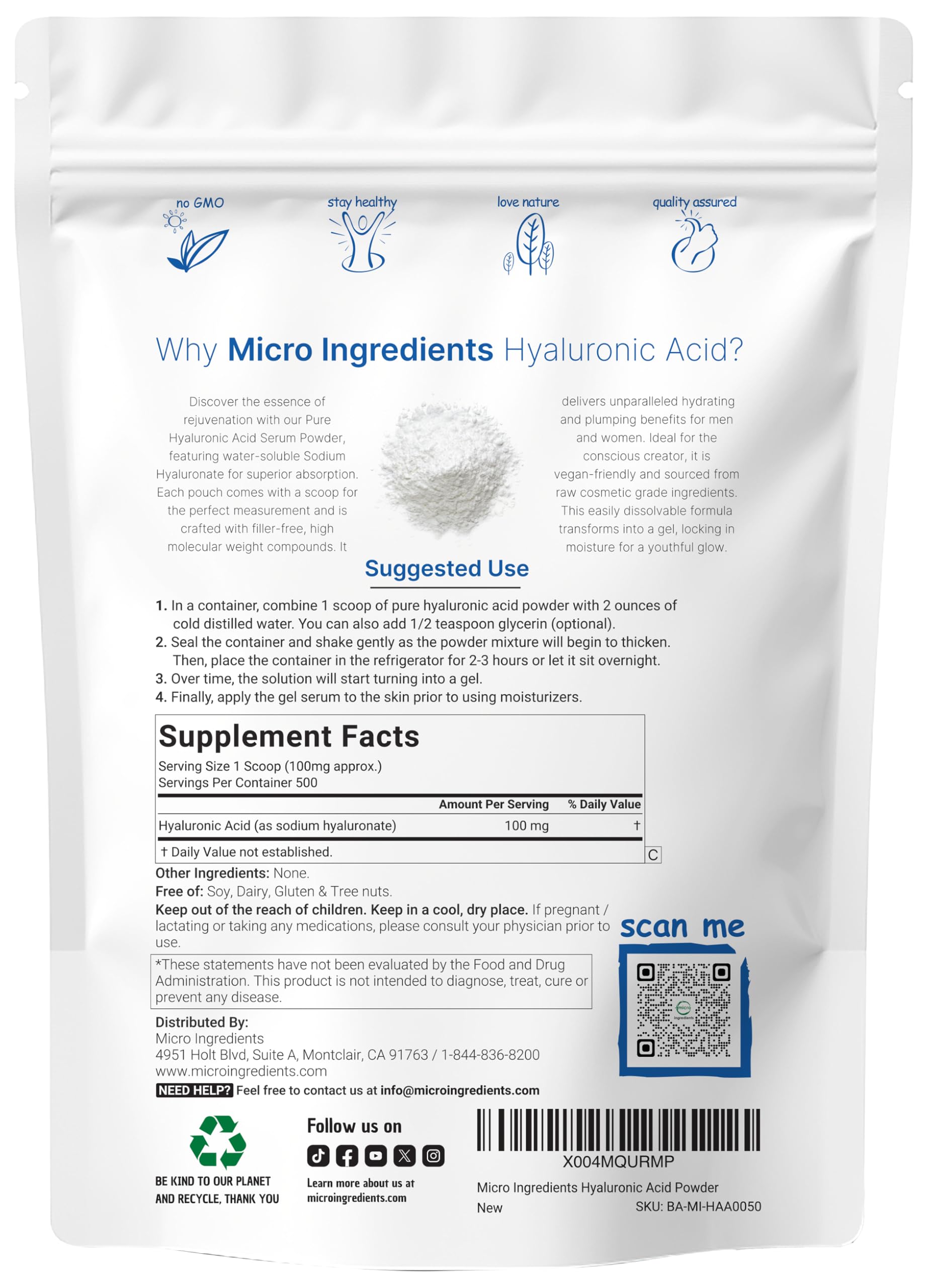 Micro Ingredients Hyaluronic Acid Serum Powder scoop demonstrates precise measurement for daily use.