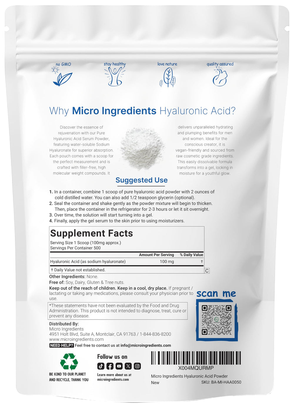 Micro Ingredients Hyaluronic Acid Serum Powder scoop demonstrates precise measurement for daily use.