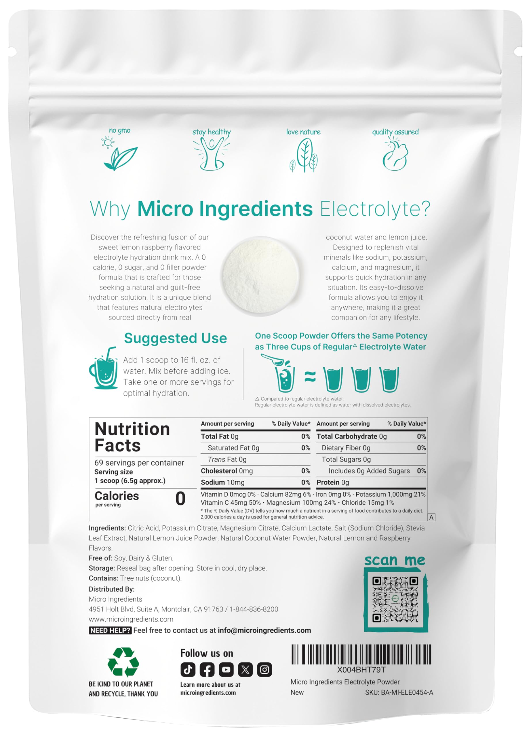 Micro Ingredients Hydration Electrolyte scoop measures a 6.5g serving