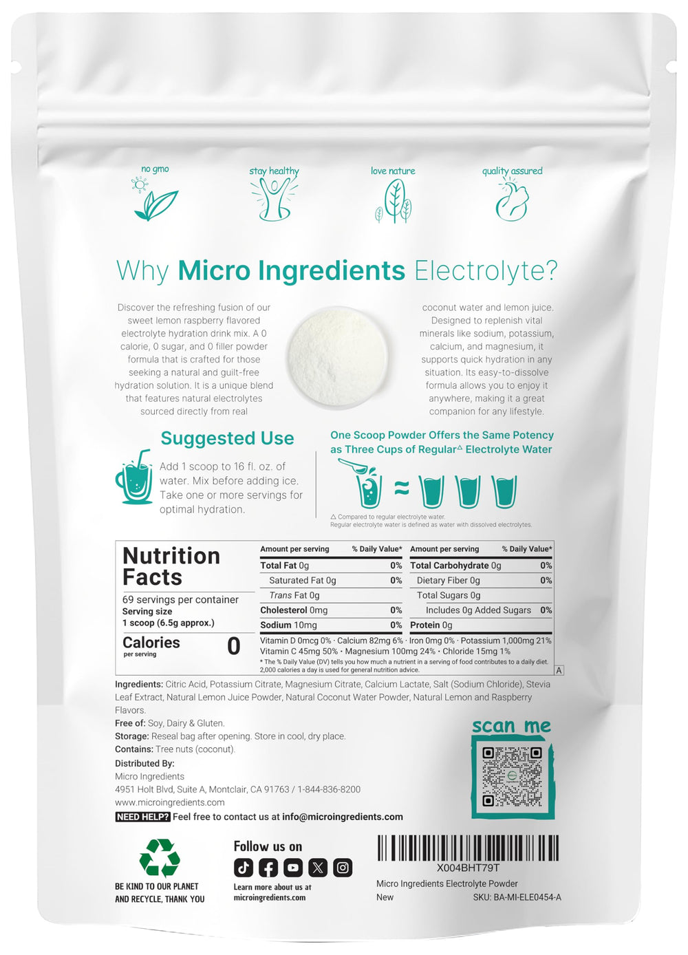 Micro Ingredients Hydration Electrolyte scoop measures a 6.5g serving